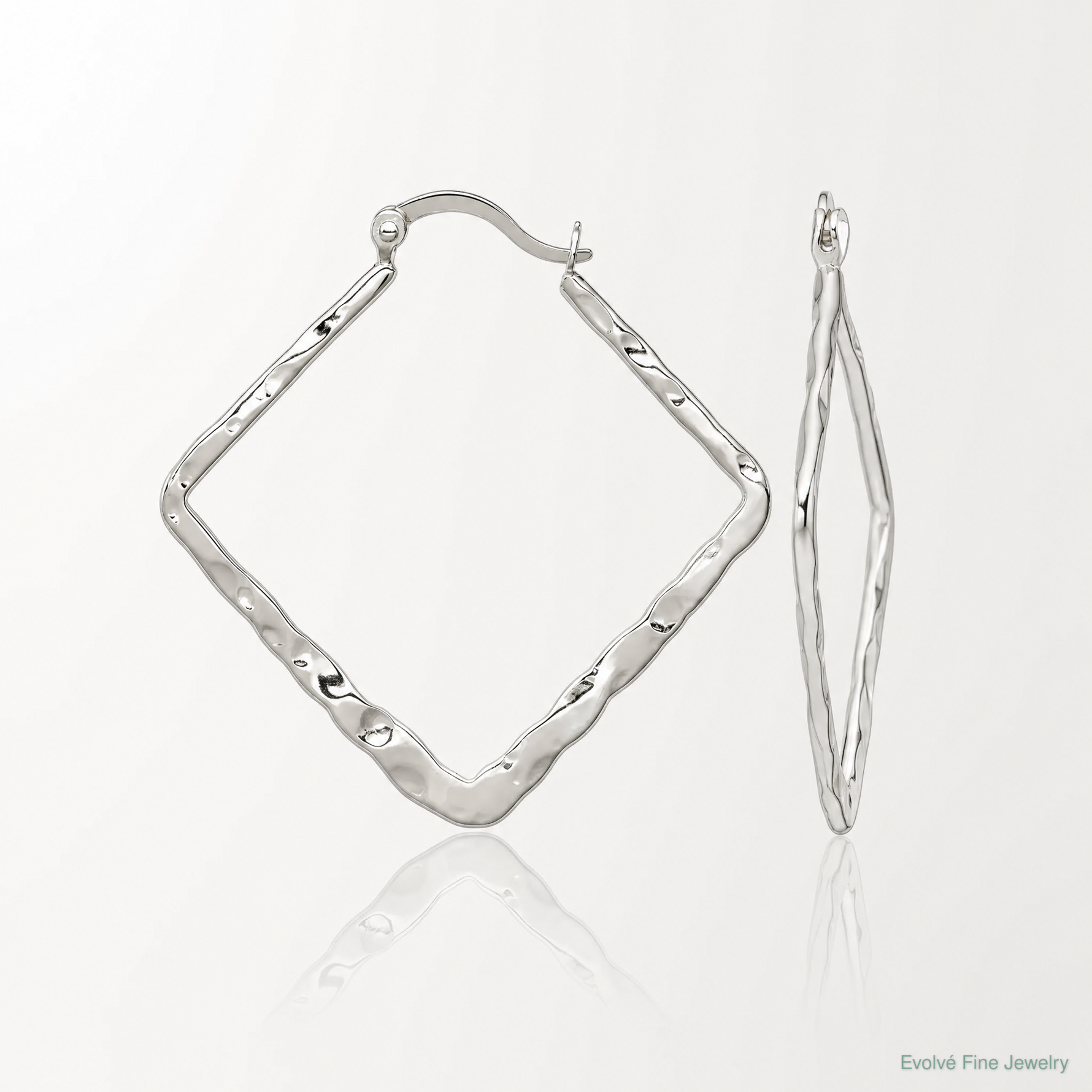 Sterling Silver Rhod-pltd Polished/Hammered Square Hoop Earrings - Lifestyle View