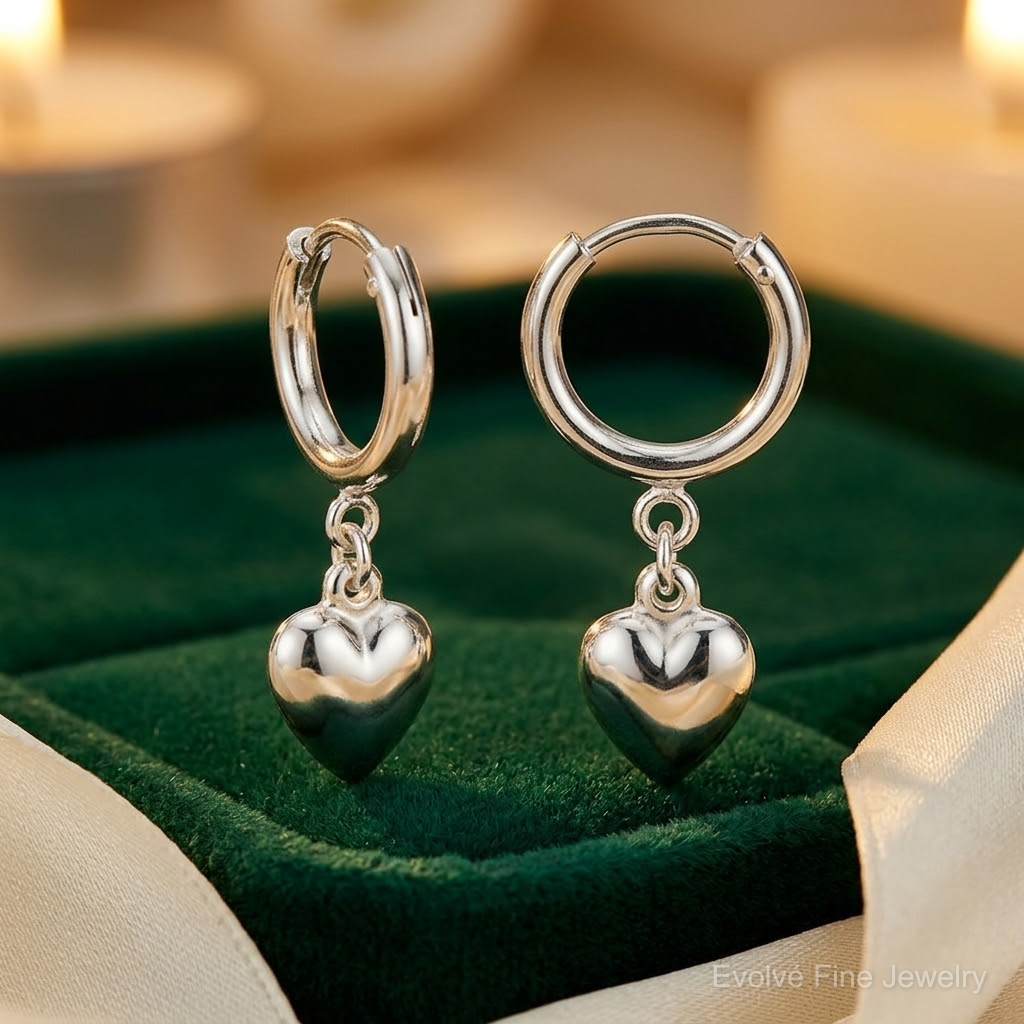 Sterling Silver Polished Puff Heart Dangle Hoop Earrings - Lifestyle View