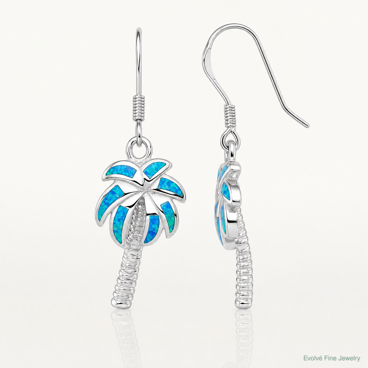 Sterling Silver Rhod-pltd Created Blue Opal Inlay Palm Tree Dangle Earrings - Lifestyle View