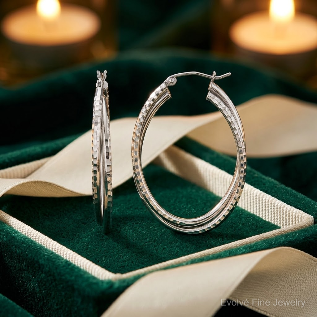 Sterling Silver Rhodium Plated Textured Double Oval Hoop Earrings - Lifestyle View