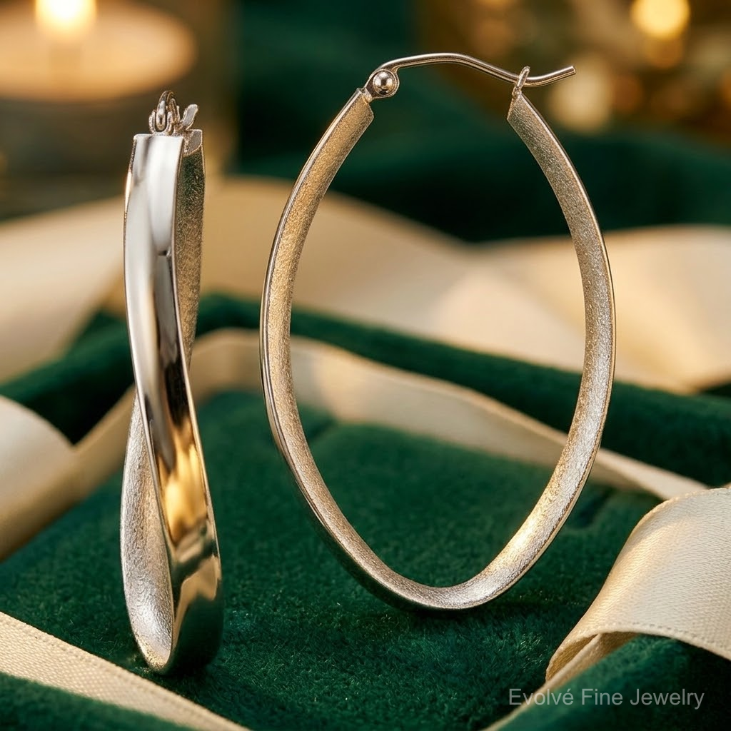 Sterling Silver RH-plated Polished/Satin Twisted Oval Hoop Earrings - Lifestyle View