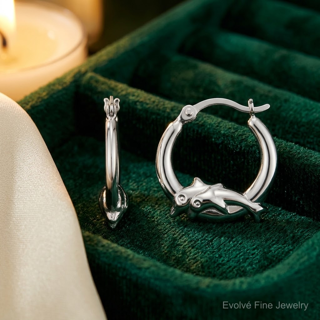 Sterling Silver Rhodium-plated Polished Dolphin Round Hoop Earrings - Lifestyle View