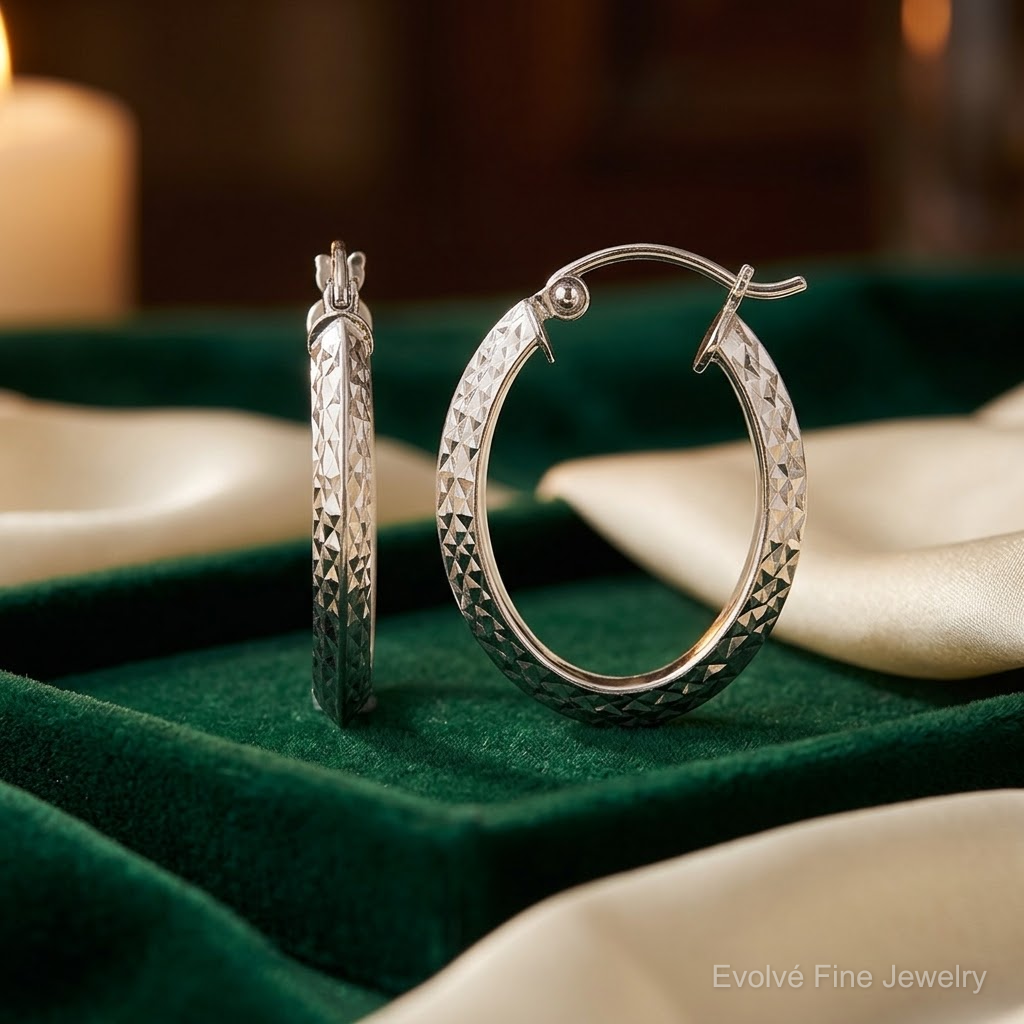 Sterling Silver Rhodium Plated Diamond Cut Oval Hoop Earrings - Lifestyle View