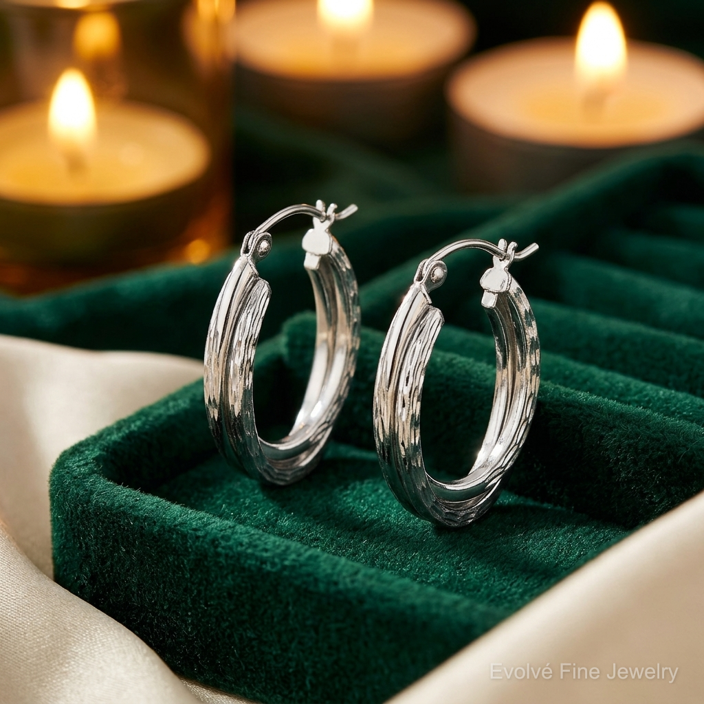 Sterling Silver Rhodium Plated Textured Double Oval Hoop Earrings - Lifestyle View