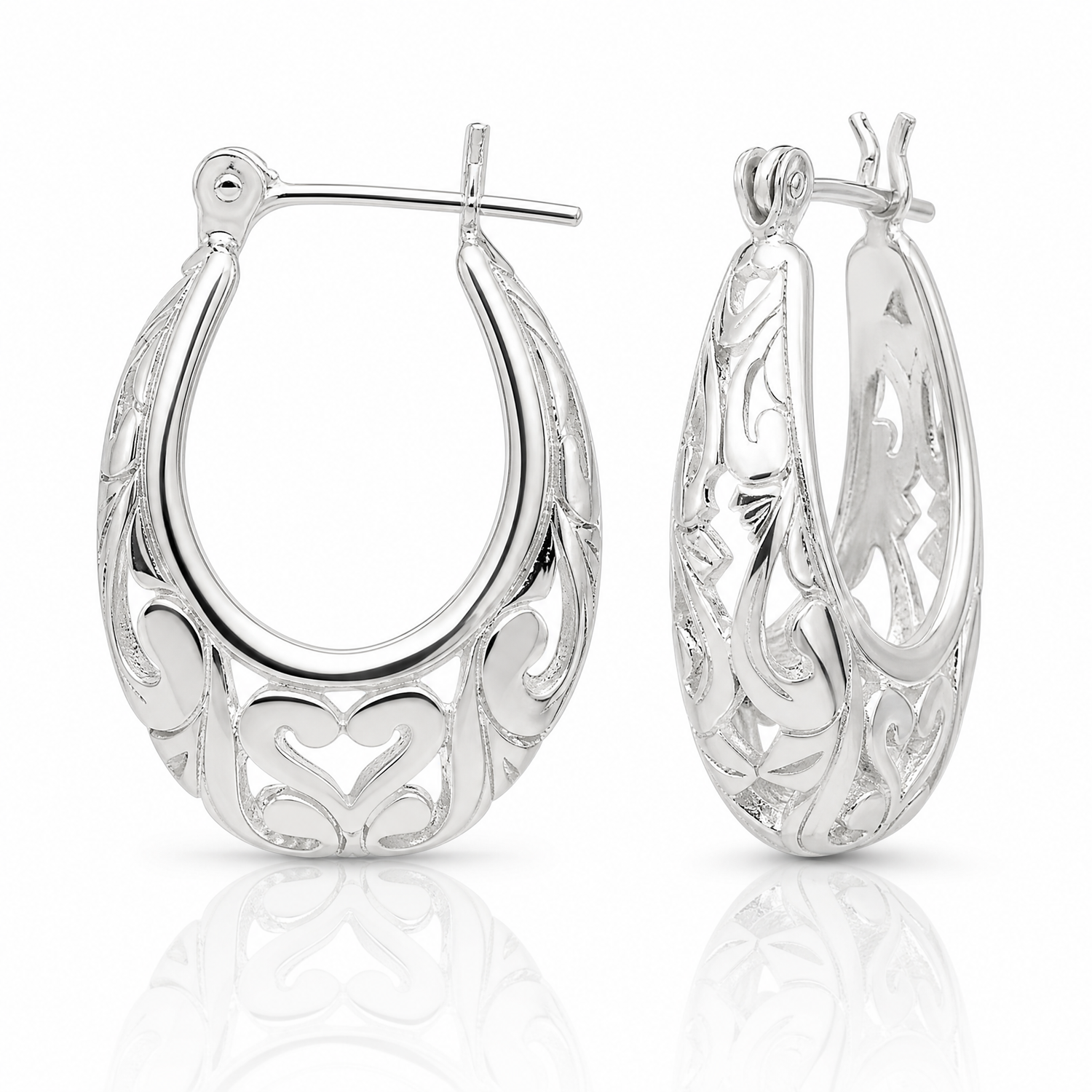Sterling Silver Polished Filigree Oval Hoop Earrings - Lifestyle View