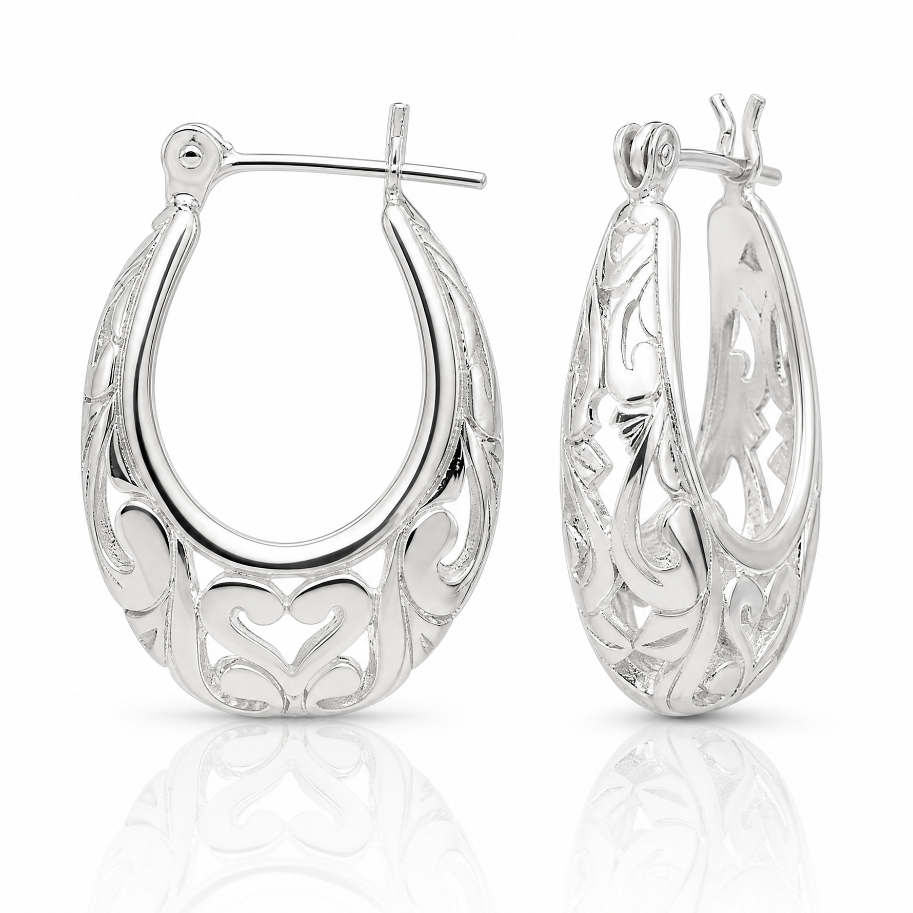 Sterling Silver Polished Filigree Oval Hoop Earrings - Lifestyle View