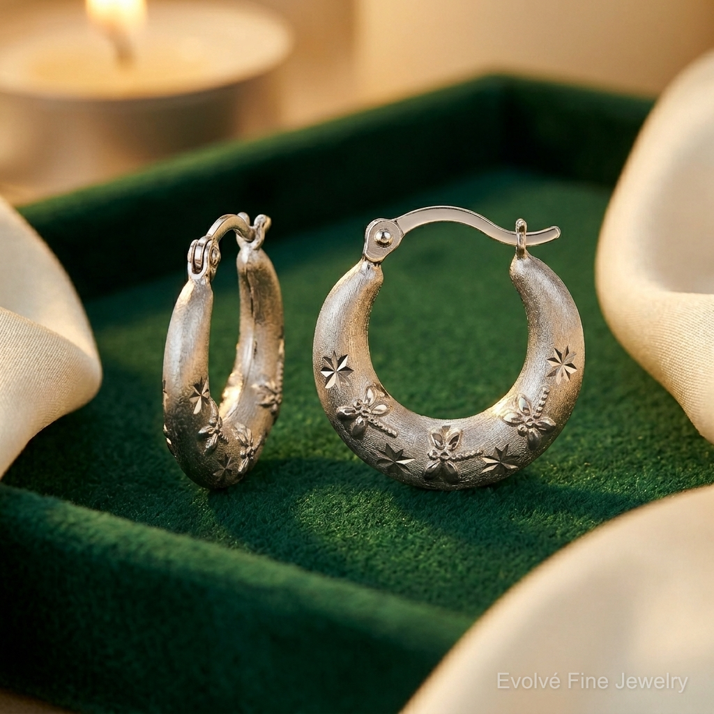 Sterling Silver Rhodium Plated Diamond Cut Hoop Earrings - Lifestyle View
