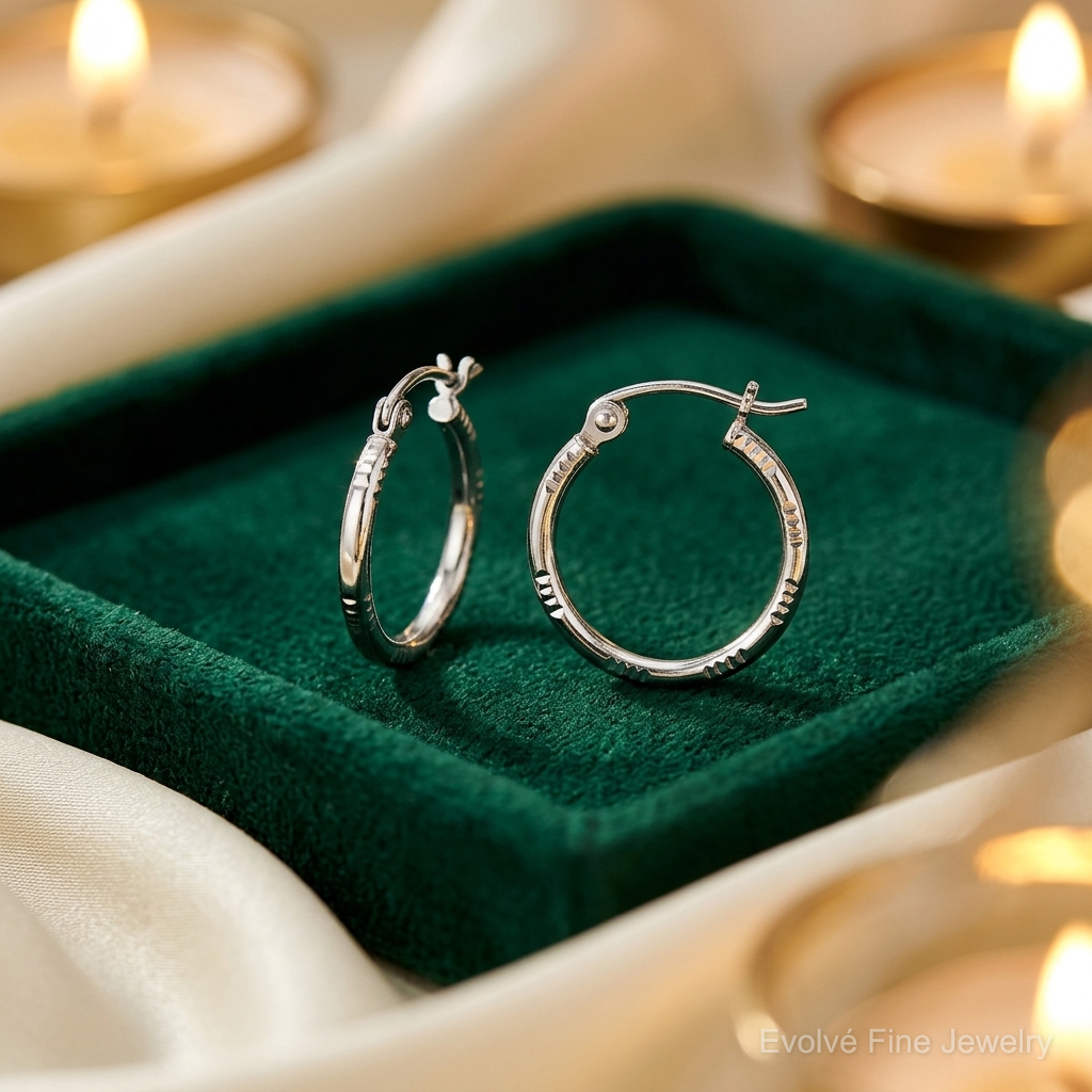 Sterling Silver Rhodium Plated Diamond Cut Hoop Earrings - Lifestyle View