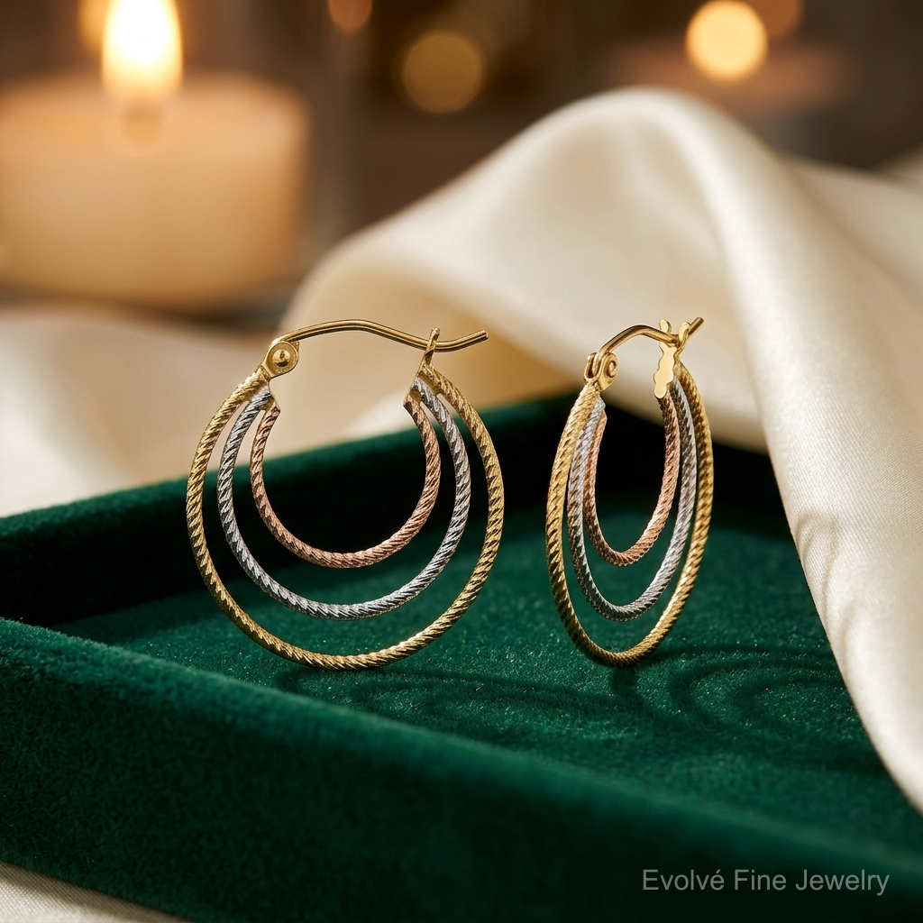 Sterling Silver Rhod-plated Yellow/Rose Vermeil 1.5mm Triple Hoop Earrings - Lifestyle View