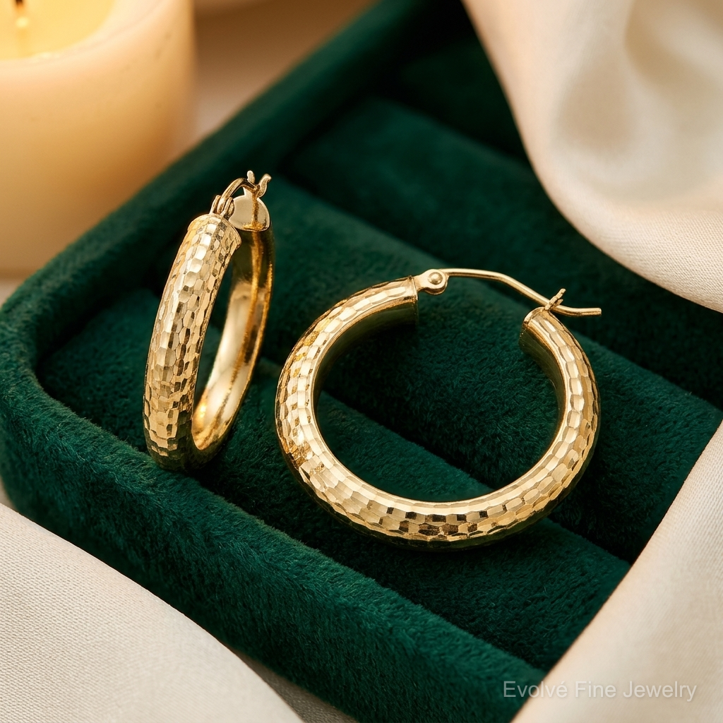 Sterling Silver Gold-plated Diamond-cut 5x25mm Hoop Earrings - Lifestyle View