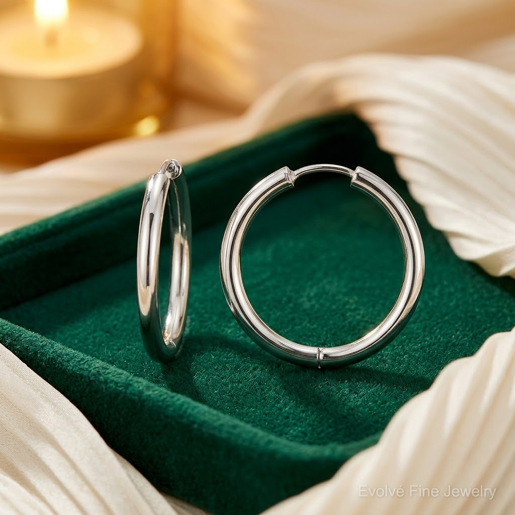 Sterling Silver Rhodium-plated Polished Hollow Hinged Hoop Earrings - Lifestyle View