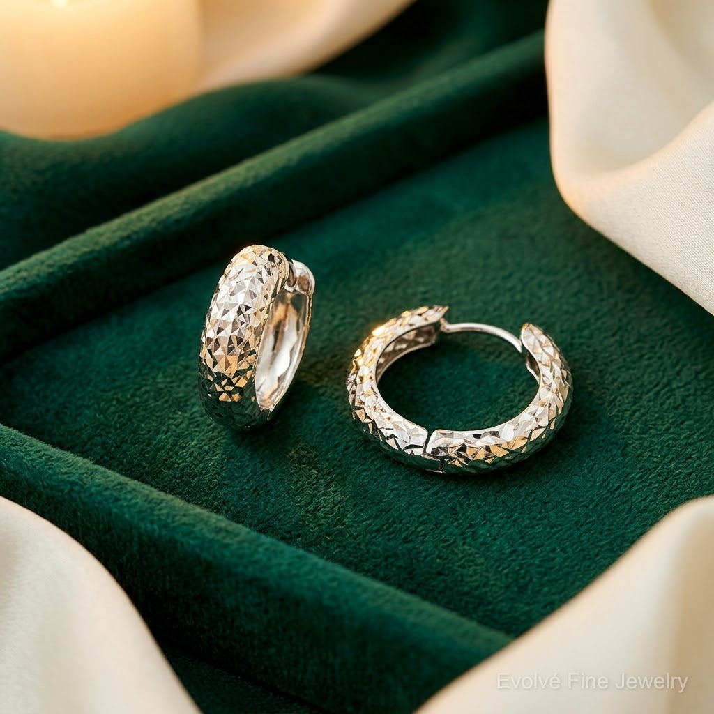 Sterling Silver Rhodium Polished Diamond Cut Hoop Earrings - Lifestyle View