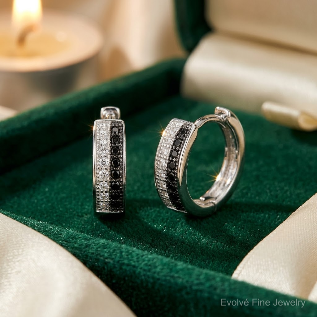 Sterling Silver RH-plated Black & White CZ Hinged Round Hoop Earrings - Lifestyle View