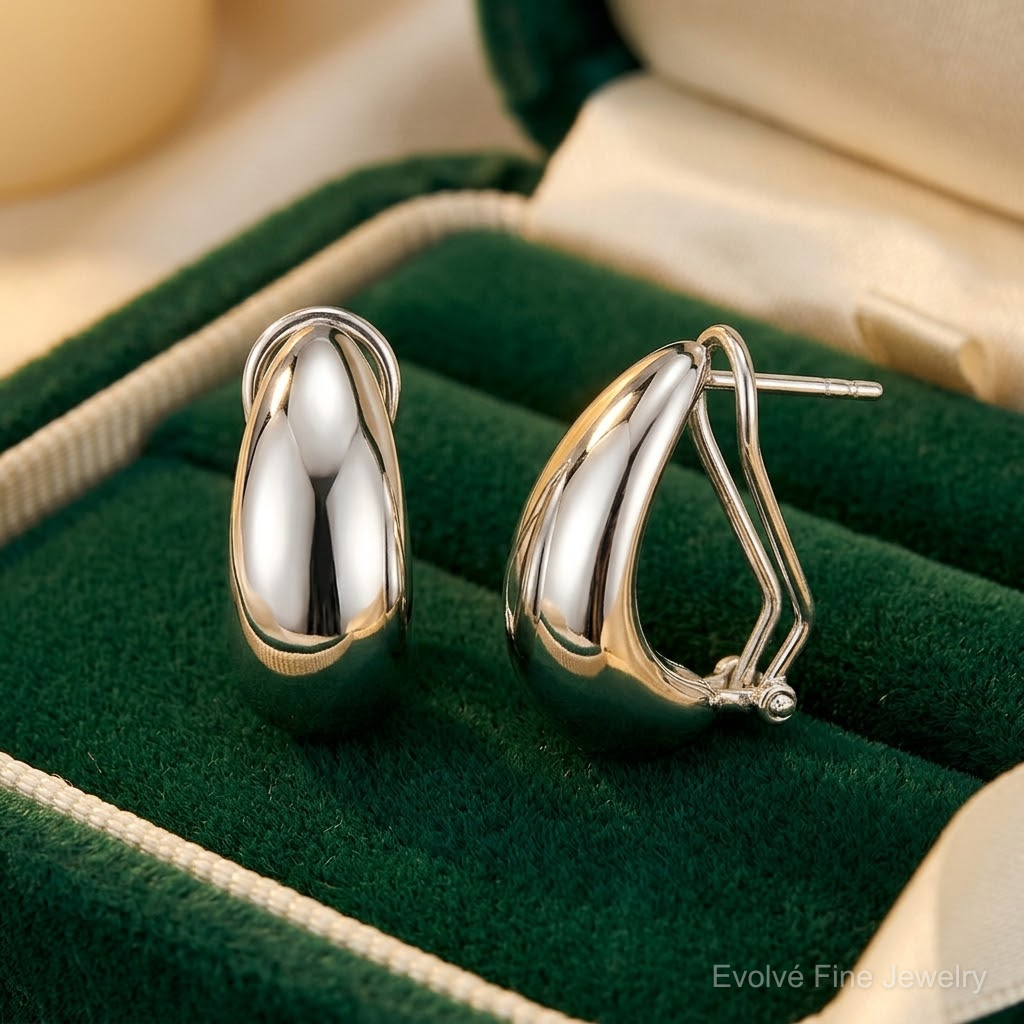 Sterling Silver Polished Omega Back J-Hoop Earrings - Lifestyle View