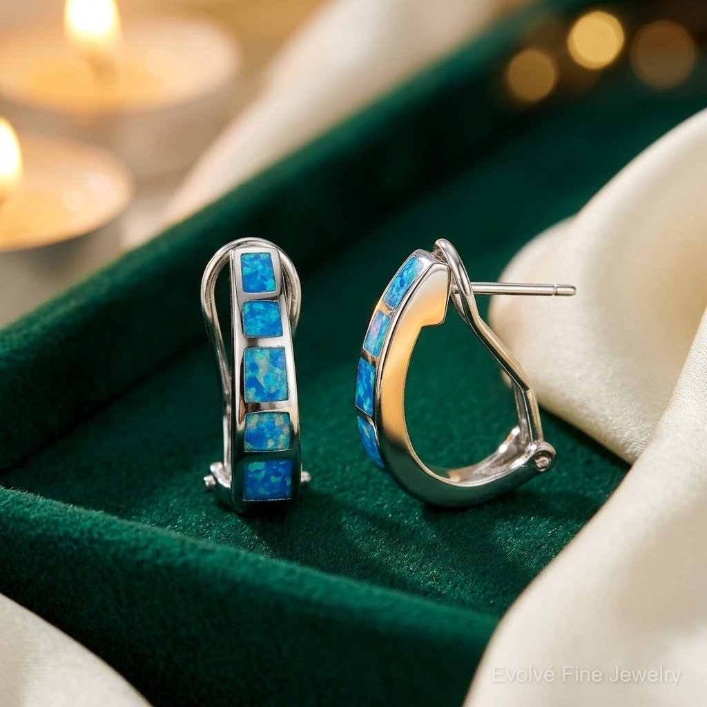 Sterling Silver RH-plated Polished Blue Created Opal Inlay J-Hoop Earrings - Lifestyle View