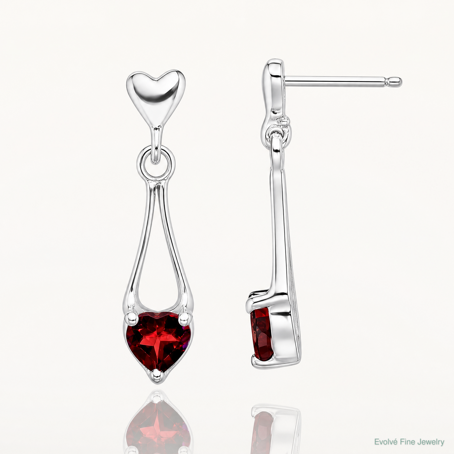 Sterling Silver Rhodium-plated Polished Garnet Heart Post Dangle Earrings - Lifestyle View