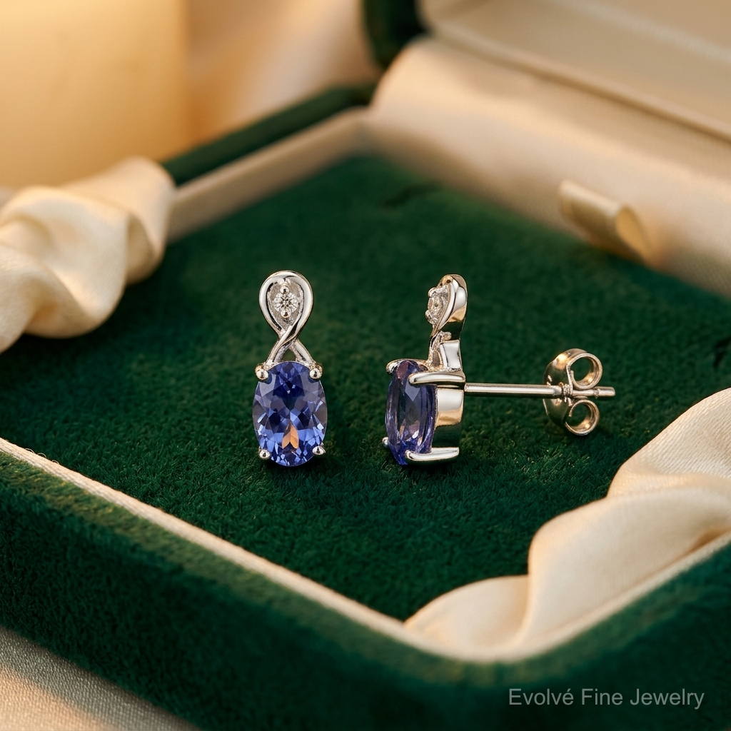 Sterling Silver Rhodium Plated Diamond & Tanzanite Oval Post Earrings - Lifestyle View