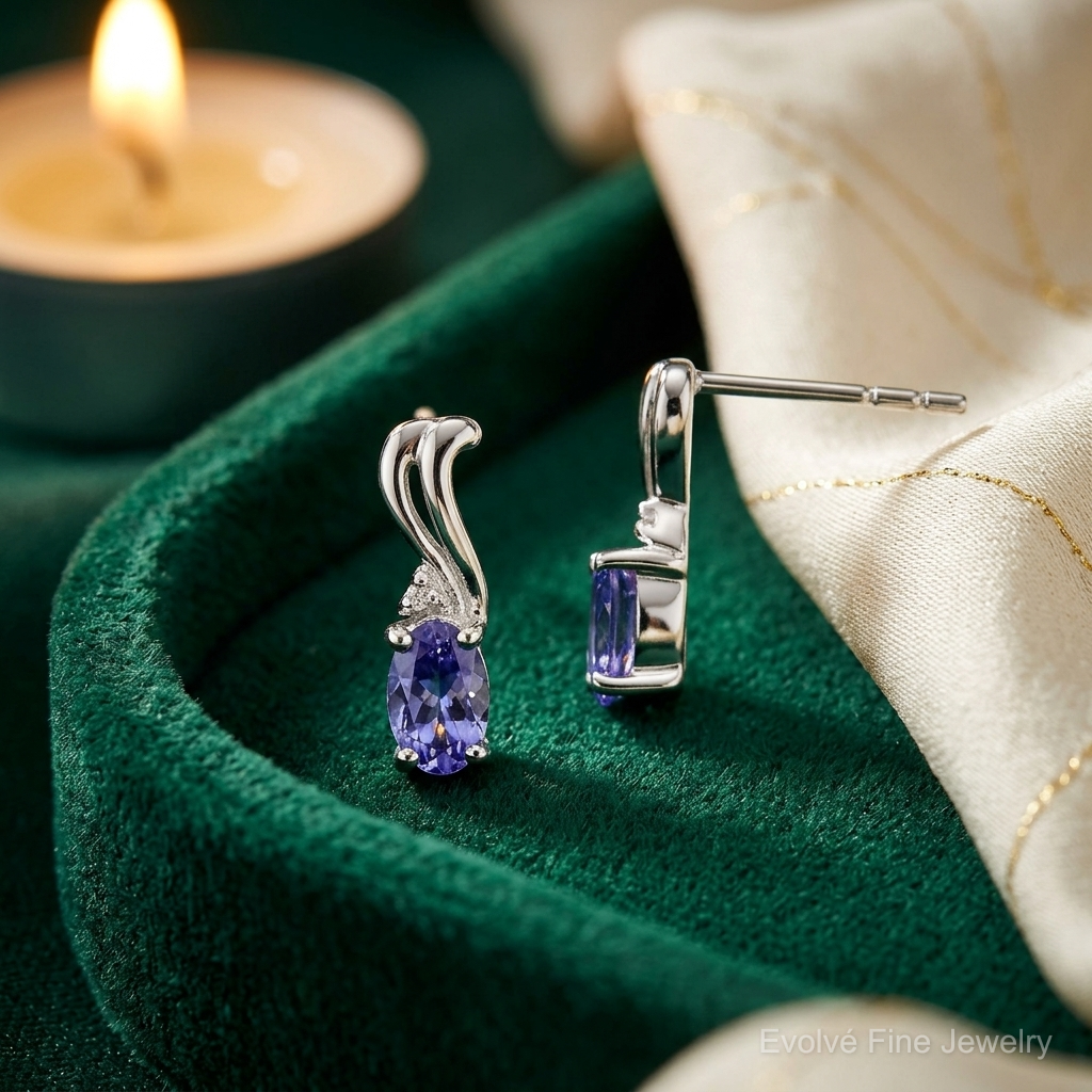 Sterling Silver Rhodium Plated Diamond & Tanzanite Oval Post Earrings - Lifestyle View