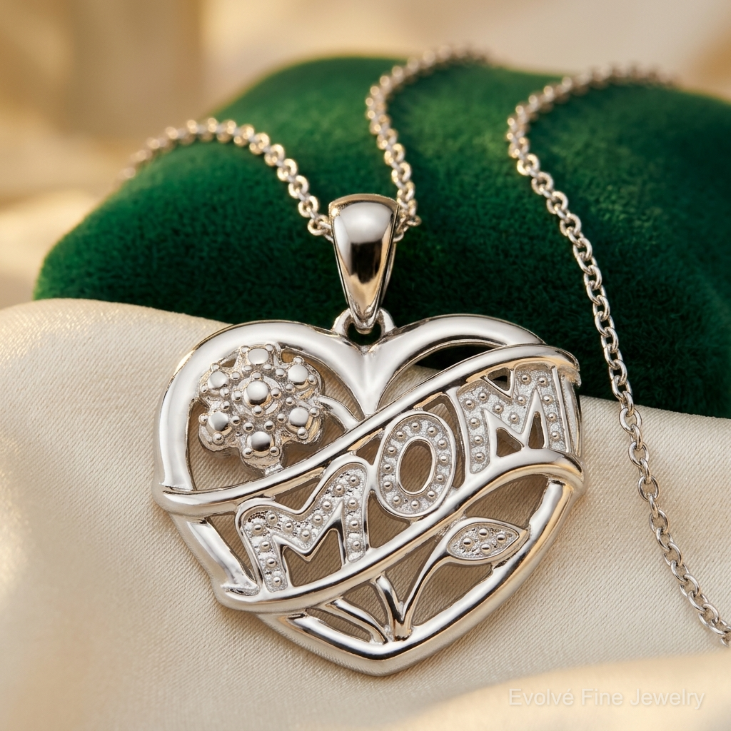 Sterling Silver Rhodium-plated MOM Necklace - Lifestyle View