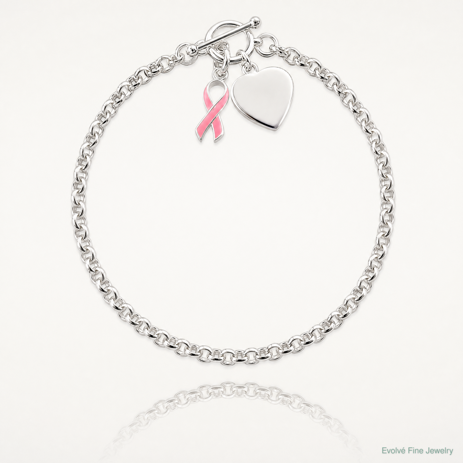 Sterling Silver Fancy Engraveable Heart with Pink Ribbon Bracelet - Lifestyle View