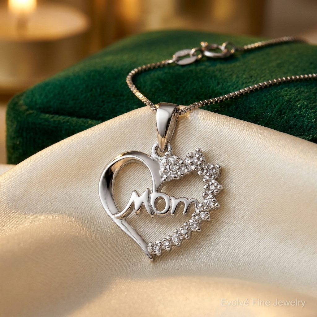 Sterling Silver Rhodium-plated Diamond Mom Necklace - Lifestyle View
