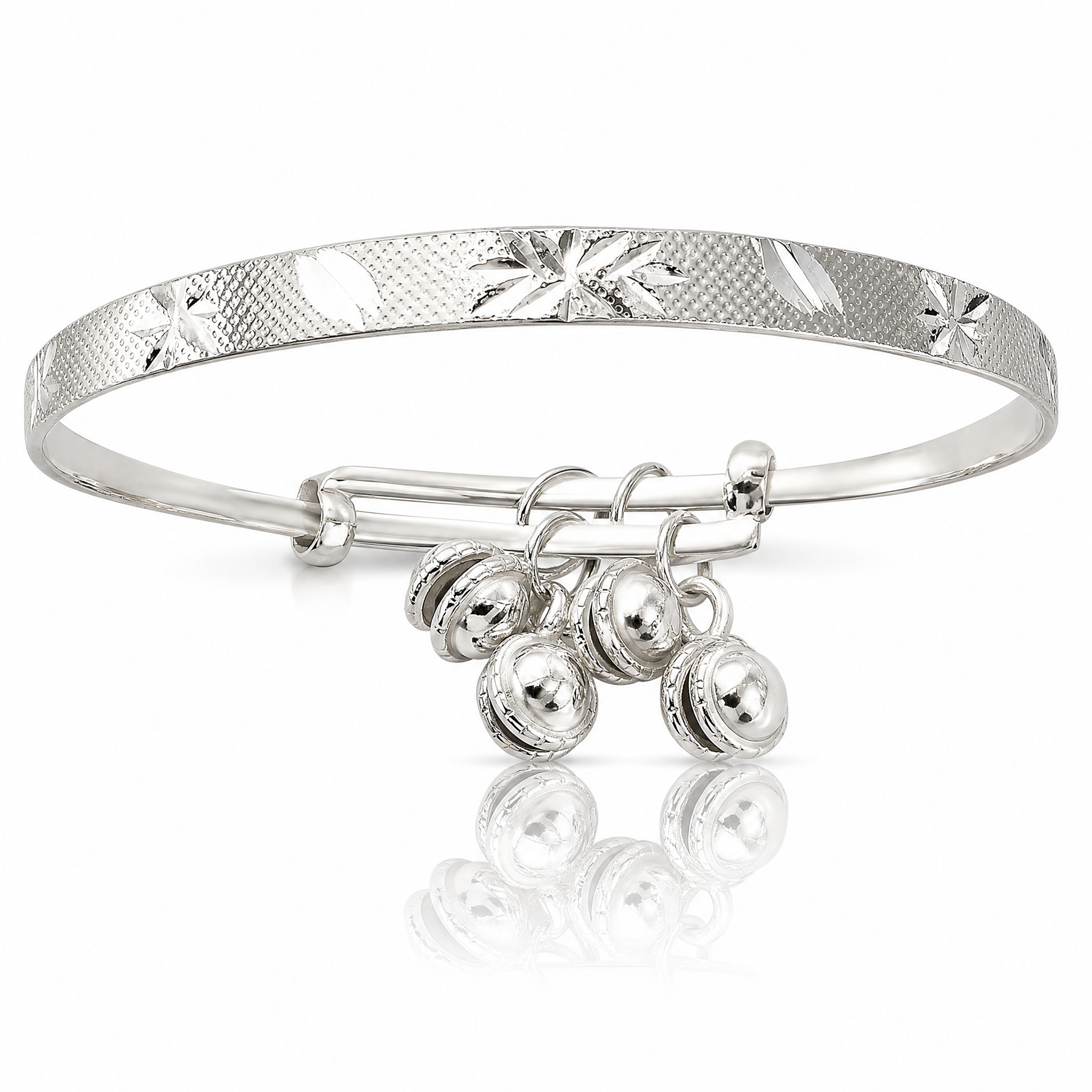 Sterling Silver D/C & Textured Bells Adjustable Children's Bangle Bracelet - Lifestyle View
