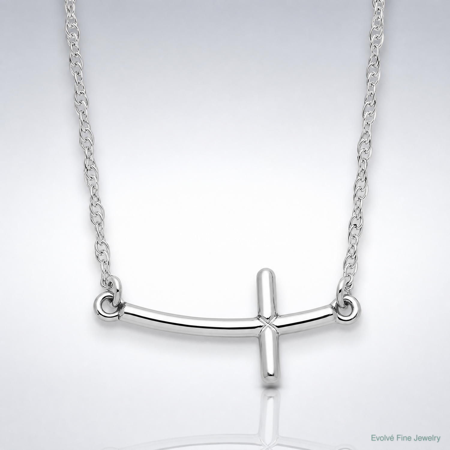 Sterling Silver Rhodium-plated Small Sideways Curved Cross Necklace - Lifestyle View