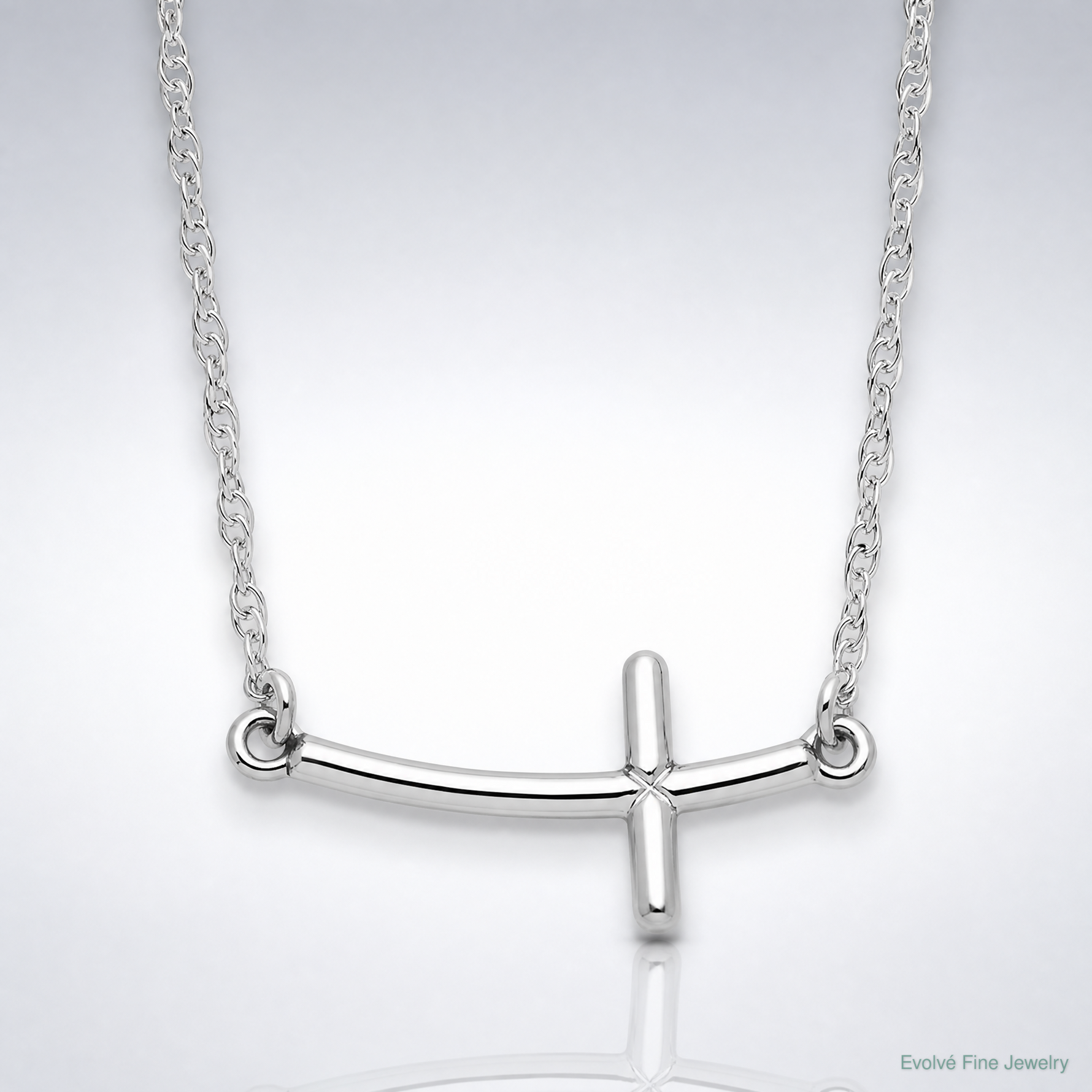 Sterling Silver Rhodium-plated Small Sideways Curved Cross Necklace - Lifestyle View