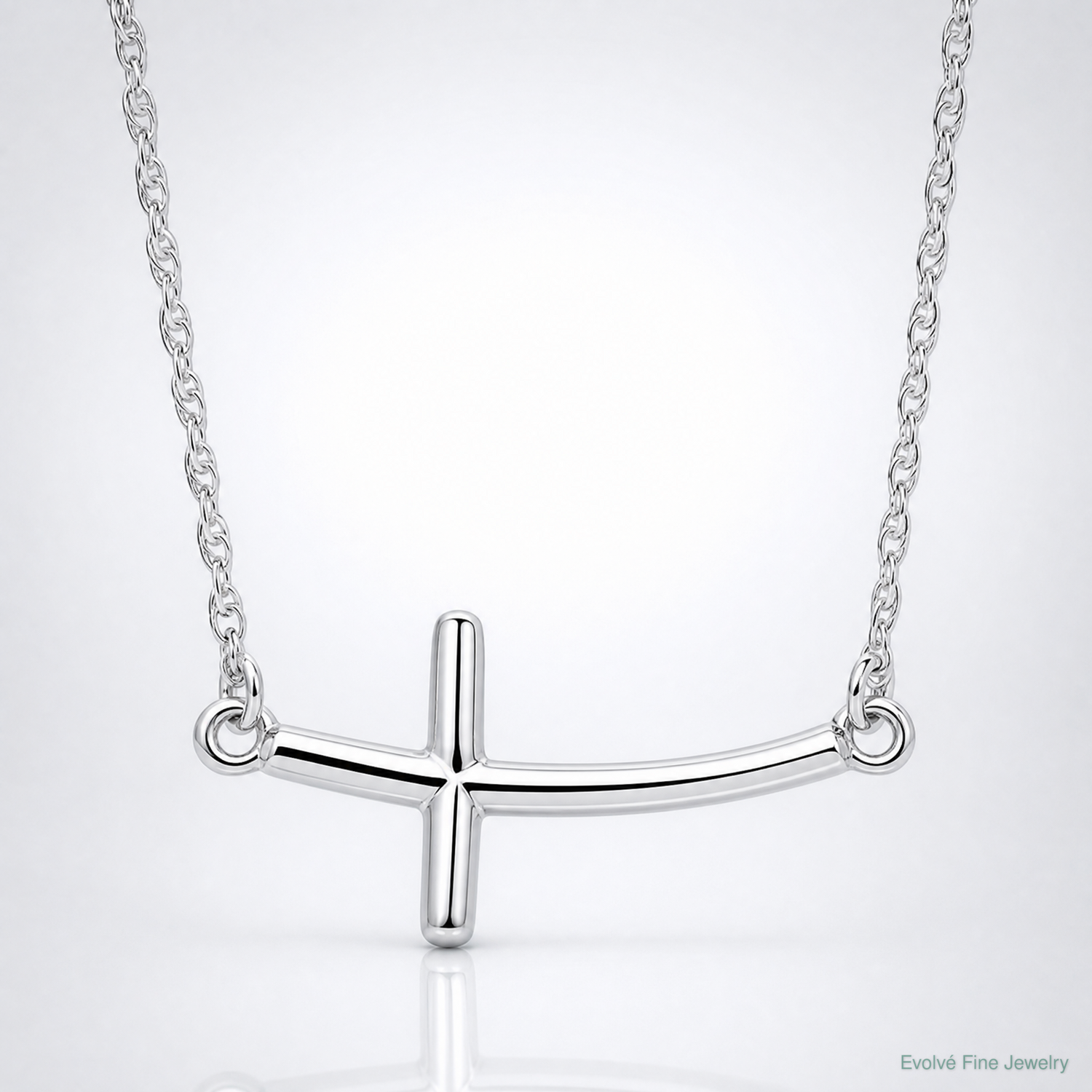 Sterling Silver Rhodium-plated Large Sideways Curved Cross Necklace - Lifestyle View