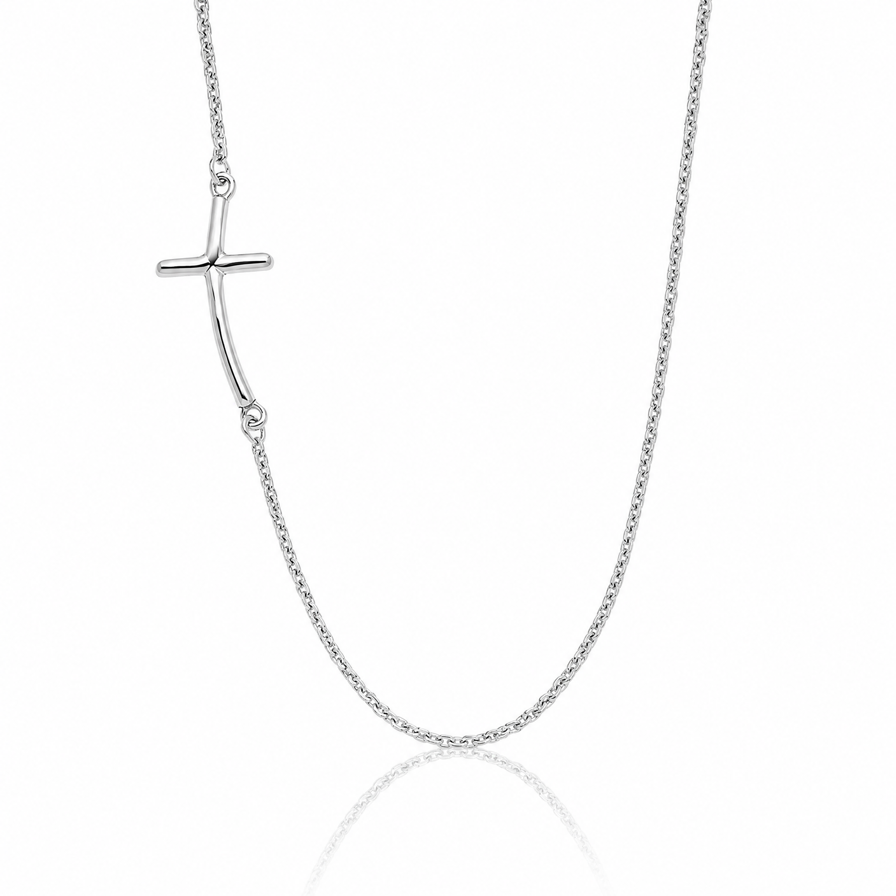 Sterling Silver Rh-plated Small Off-Set Sideways Curved Cross Necklace - Lifestyle View