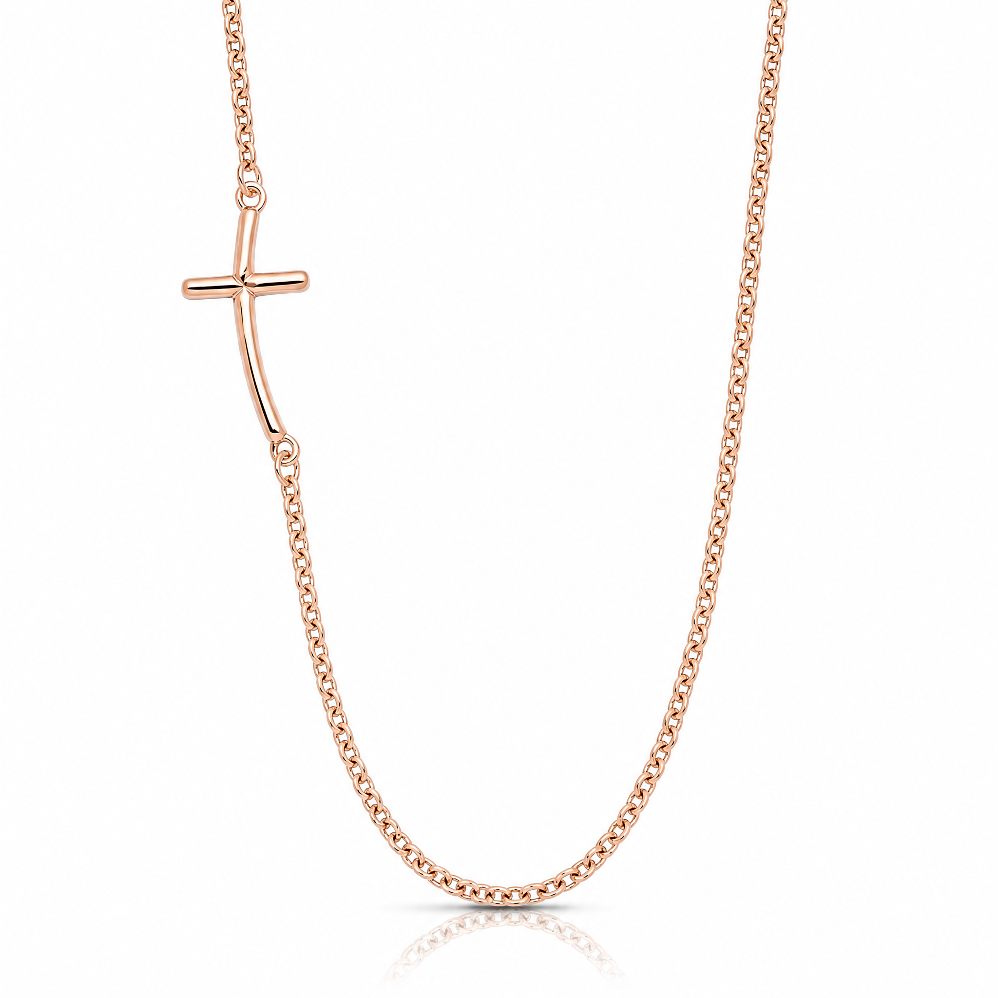 Sterling Silver RG-plated Small Off-Set Sideways Curved Cross Necklace - Lifestyle View