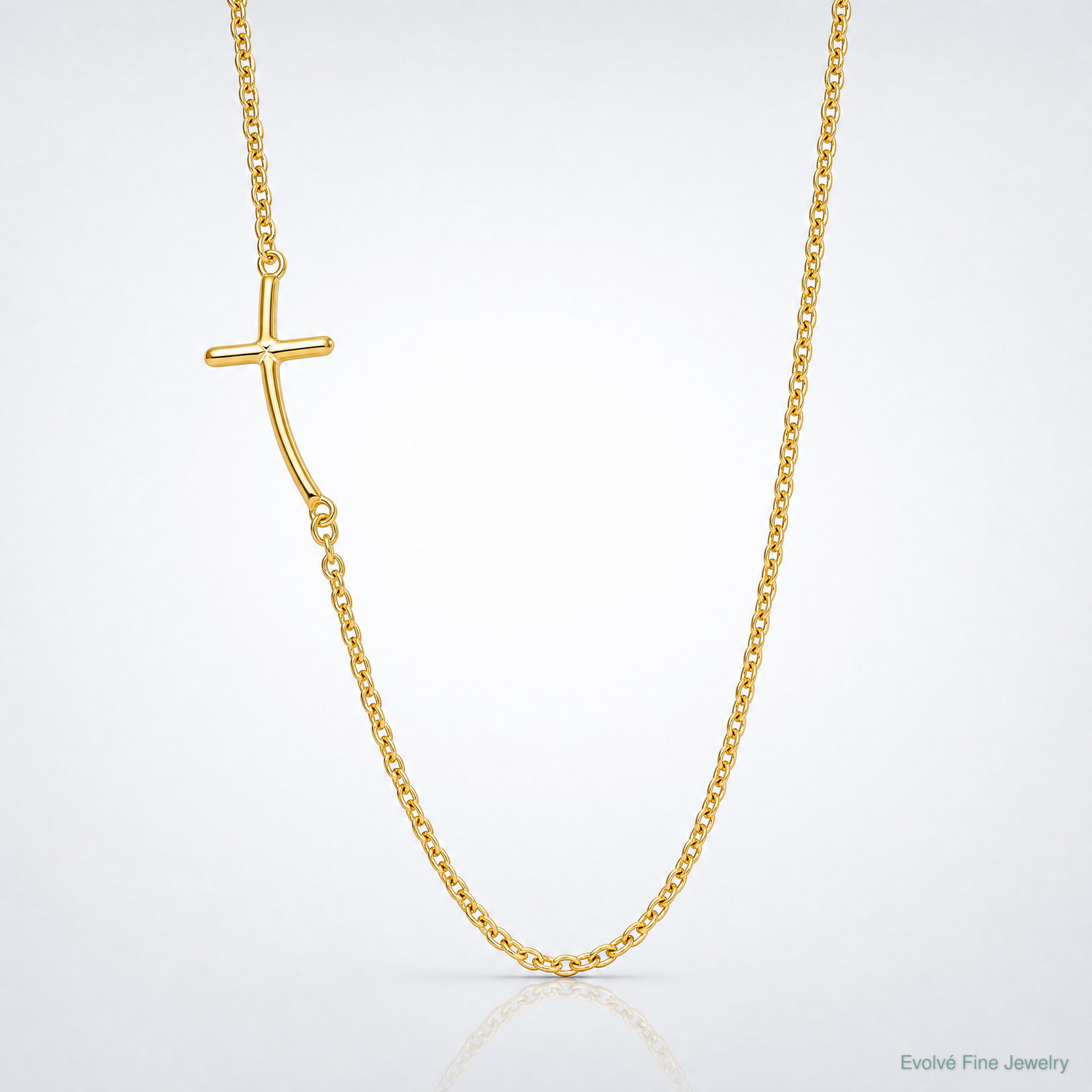 Sterling Silver YG-plated Small Off-Set Sideways Curved Cross Necklace - Lifestyle View