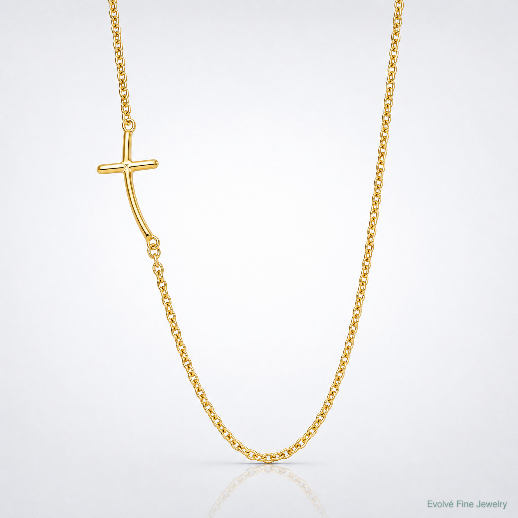 Sterling Silver YG-plated Small Off-Set Sideways Curved Cross Necklace - Lifestyle View