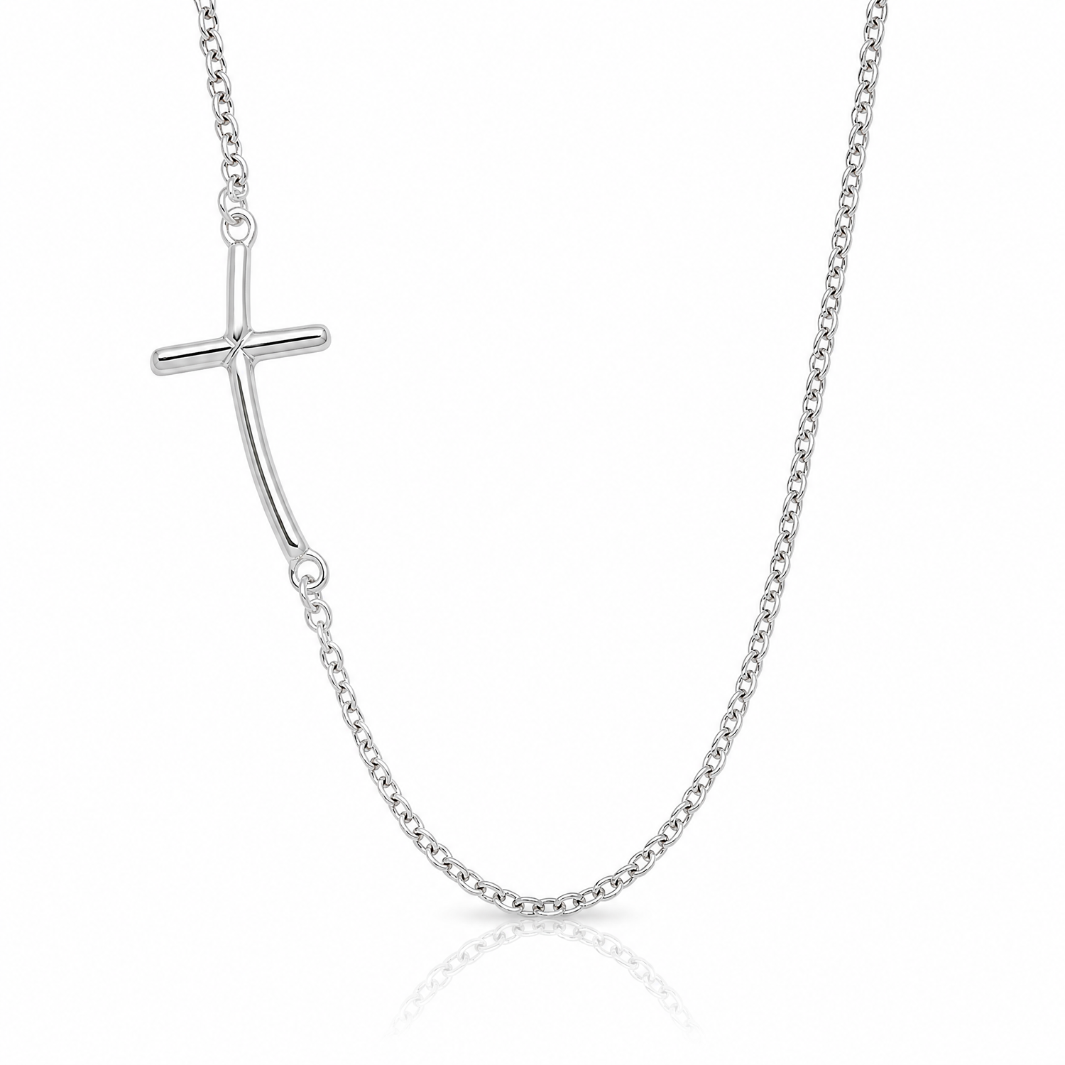 Sterling Silver Rh-plated Large Off-Set Sideways Curved Cross Necklace - Lifestyle View
