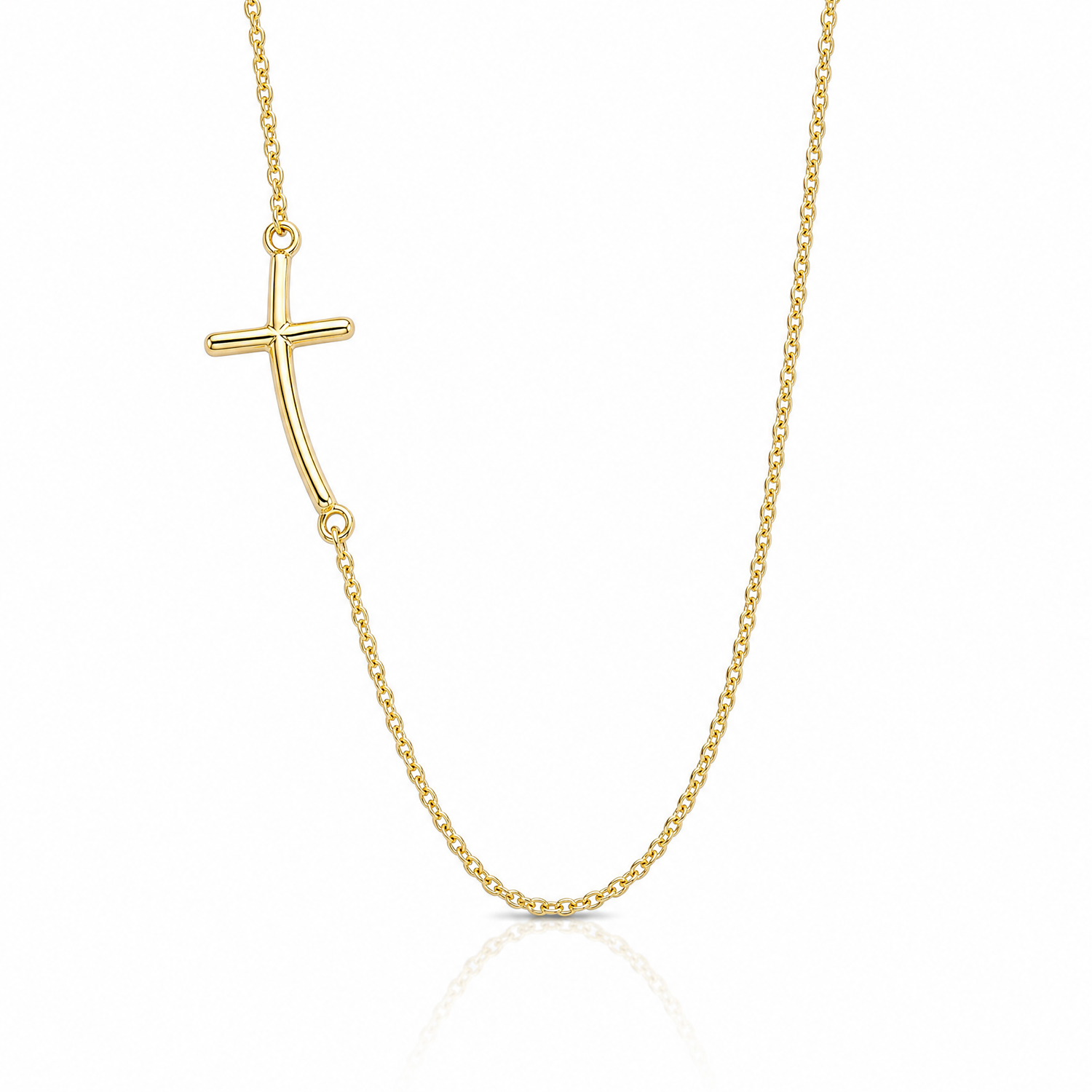 Sterling Silver YG-plated Large Off-Set Sideways Curved Cross Necklace - Lifestyle View