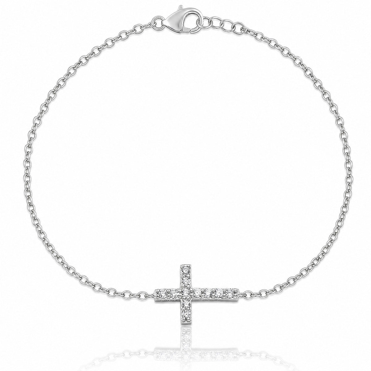 Sterling Silver Rhodium-plated CZ Sideways Cross w/1in Ext Bracelet - Lifestyle View