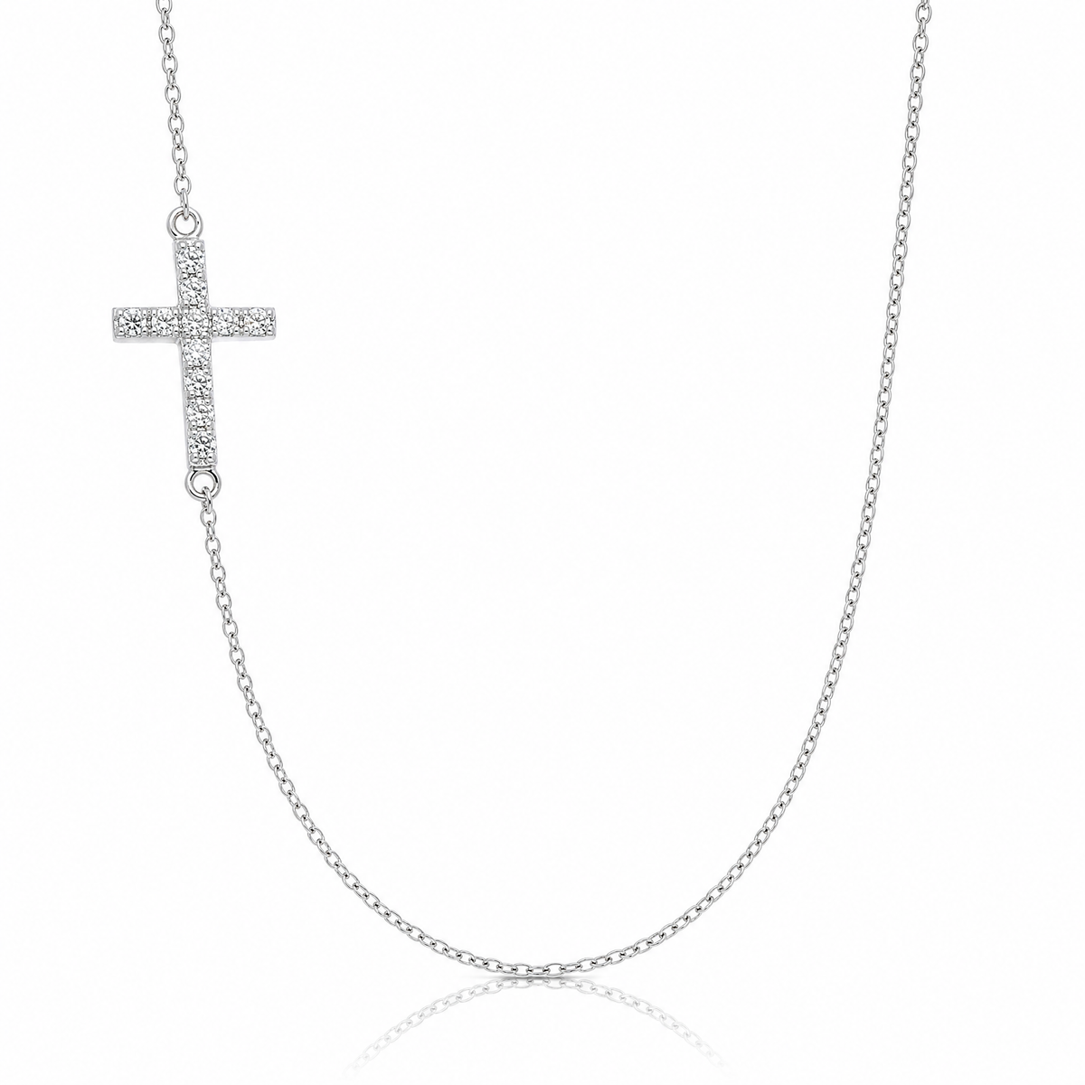 Sterling Silver Rhod-pltd CZ Offset Sideways Cross w/2in Ext Necklace - Lifestyle View