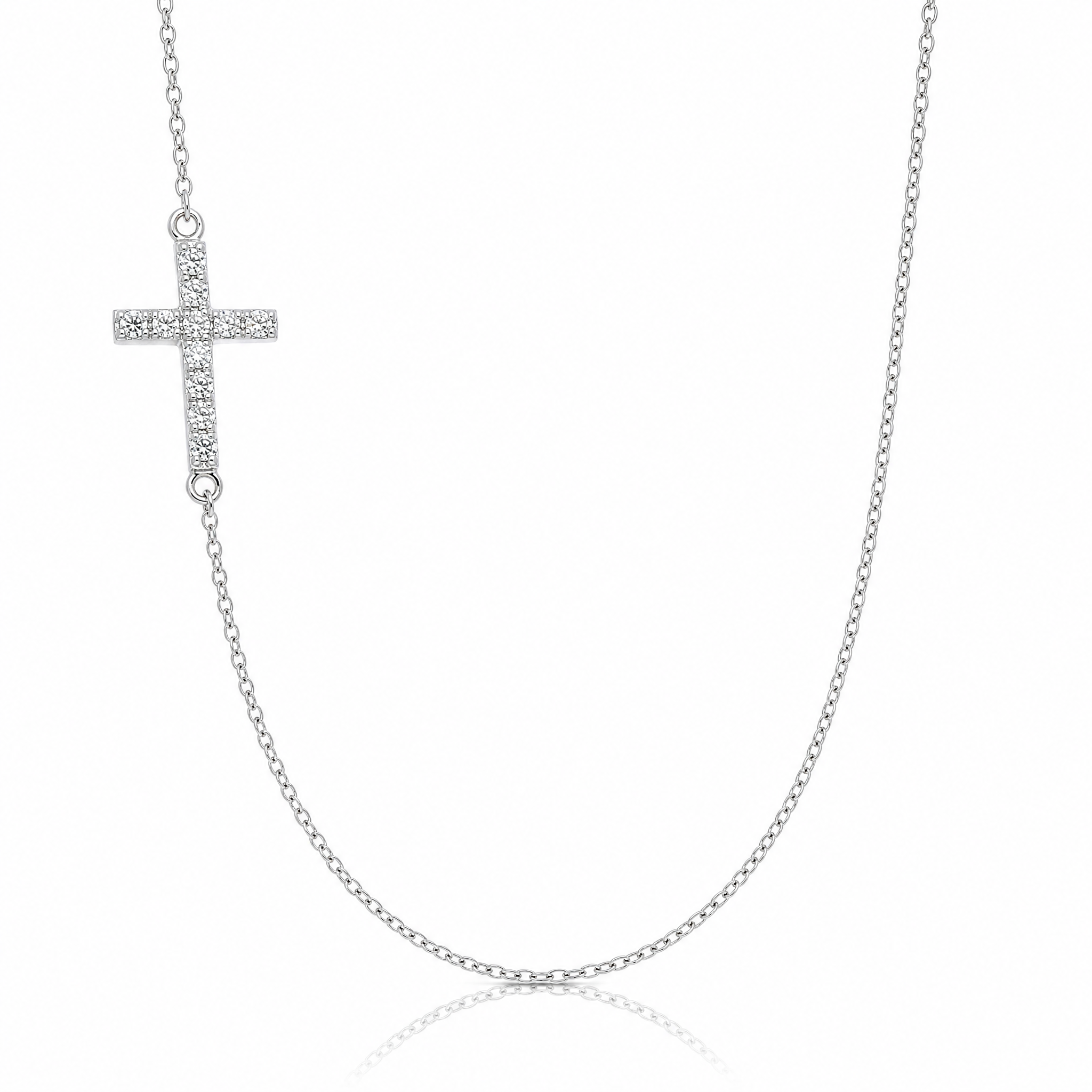 Sterling Silver Rhod-pltd CZ Offset Sideways Cross w/2in Ext Necklace - Lifestyle View