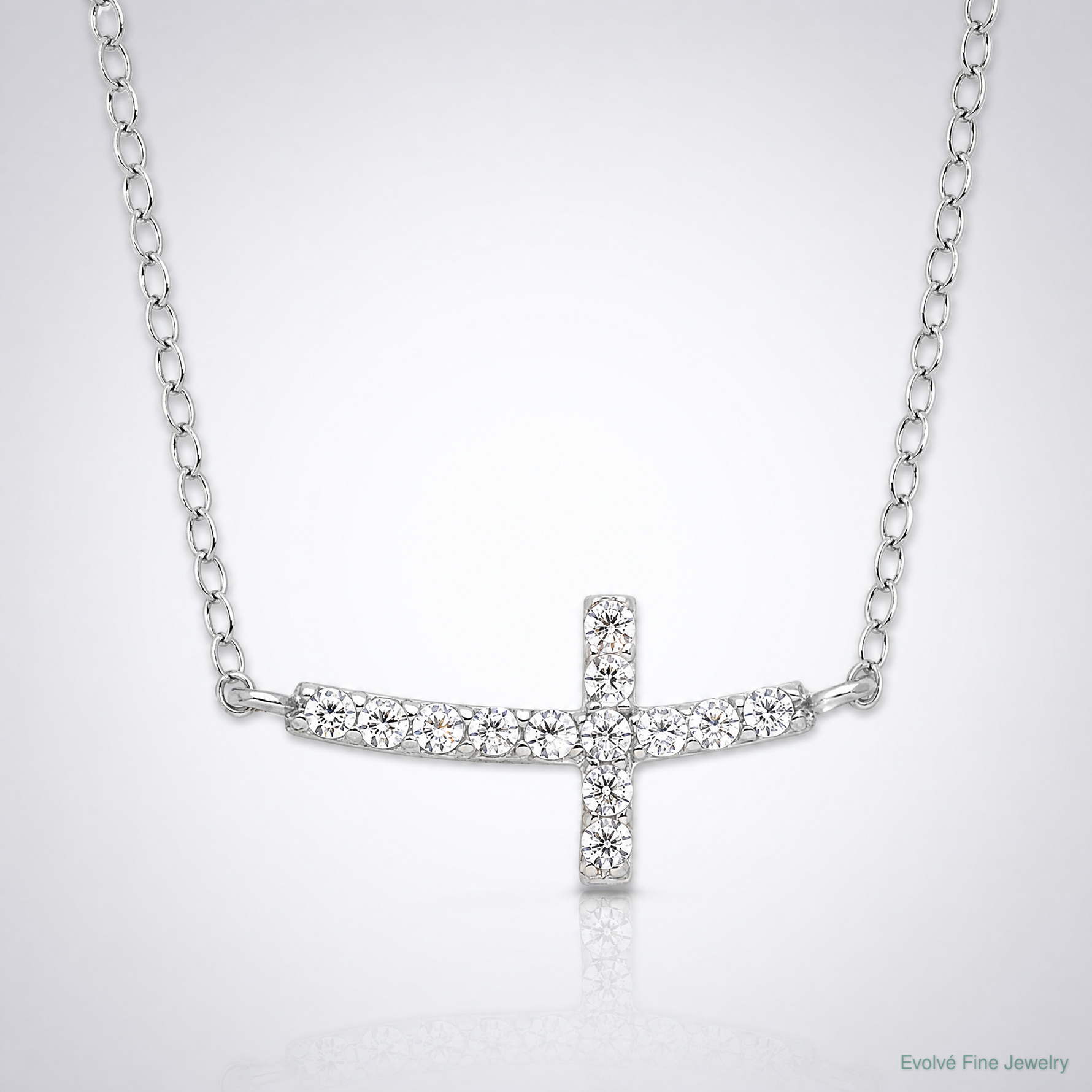 Sterling Silver Rhodium-plated CZ Sideways Cross w/2in Ext Necklace - Lifestyle View