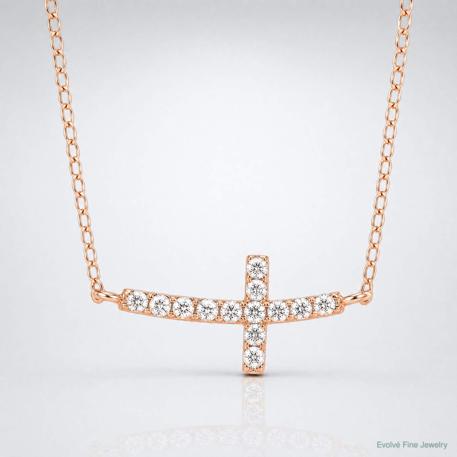Sterling Silver Rose Gold-plated CZ Sideways Cross w/2in Ext Necklace - Lifestyle View