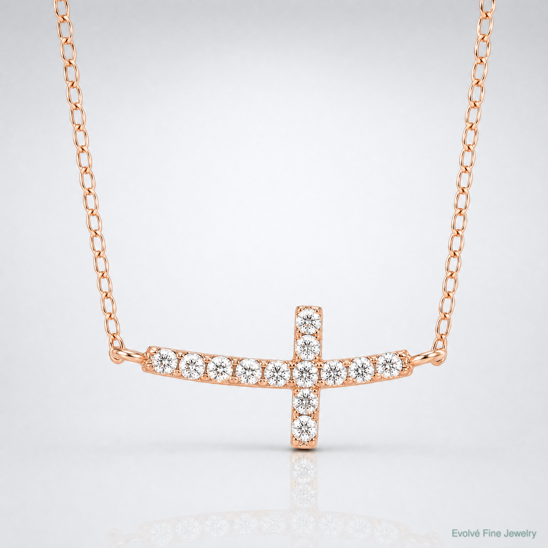 Sterling Silver Rose Gold-plated CZ Sideways Cross w/2in Ext Necklace - Lifestyle View