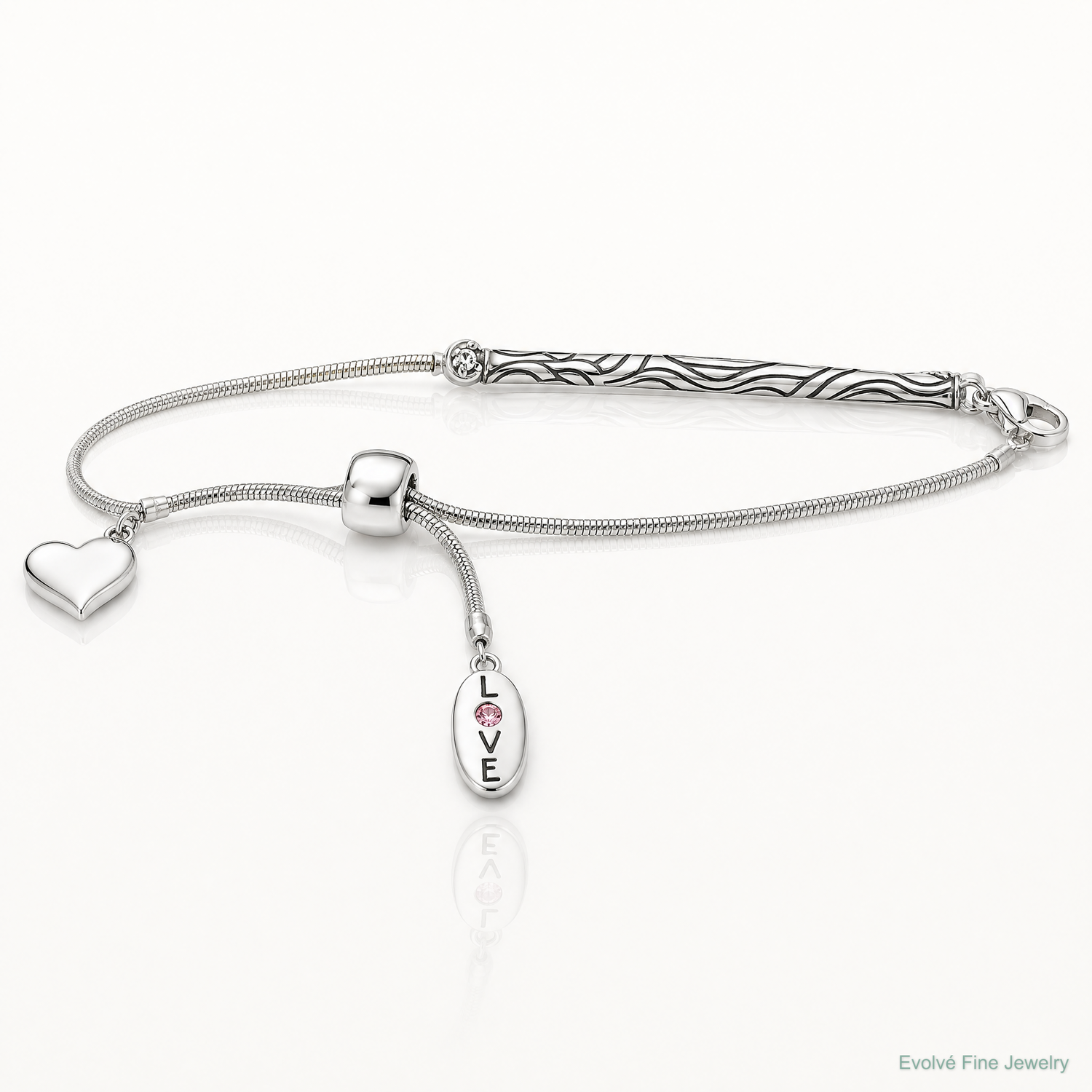 Sterling Silver Antiqued Reflections Crystal Love Heart Adjust Bracelet - Lifestyle View