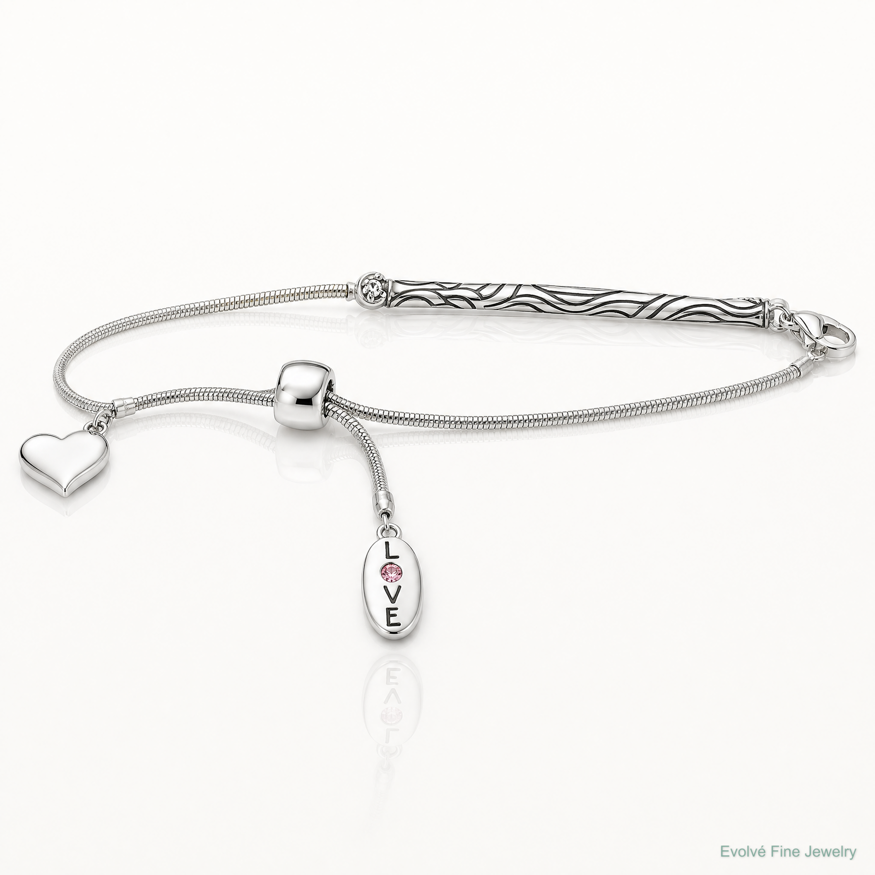 Sterling Silver Antiqued Reflections Crystal Love Heart Adjust Bracelet - Lifestyle View