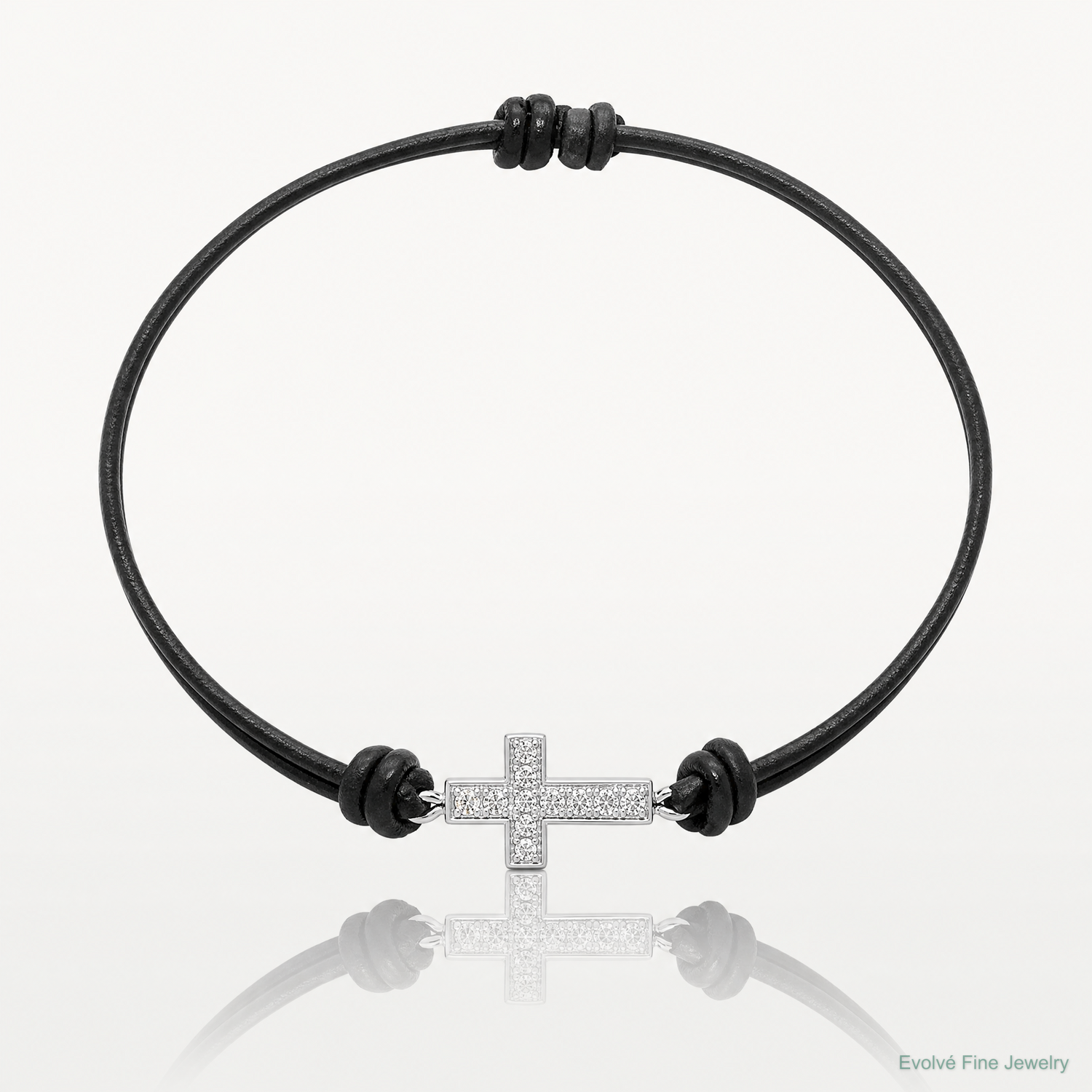 Sterling Silver Rhodium-plated CZ Cross Black Leather Adjustable Bracelet - Lifestyle View