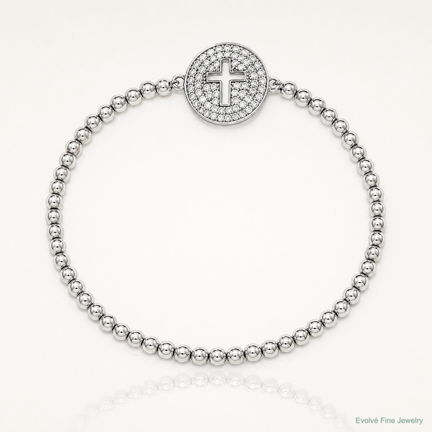 Sterling Silver Rhodium-plated CZ Cross Polished Beaded Stretch Bracelet - Lifestyle View