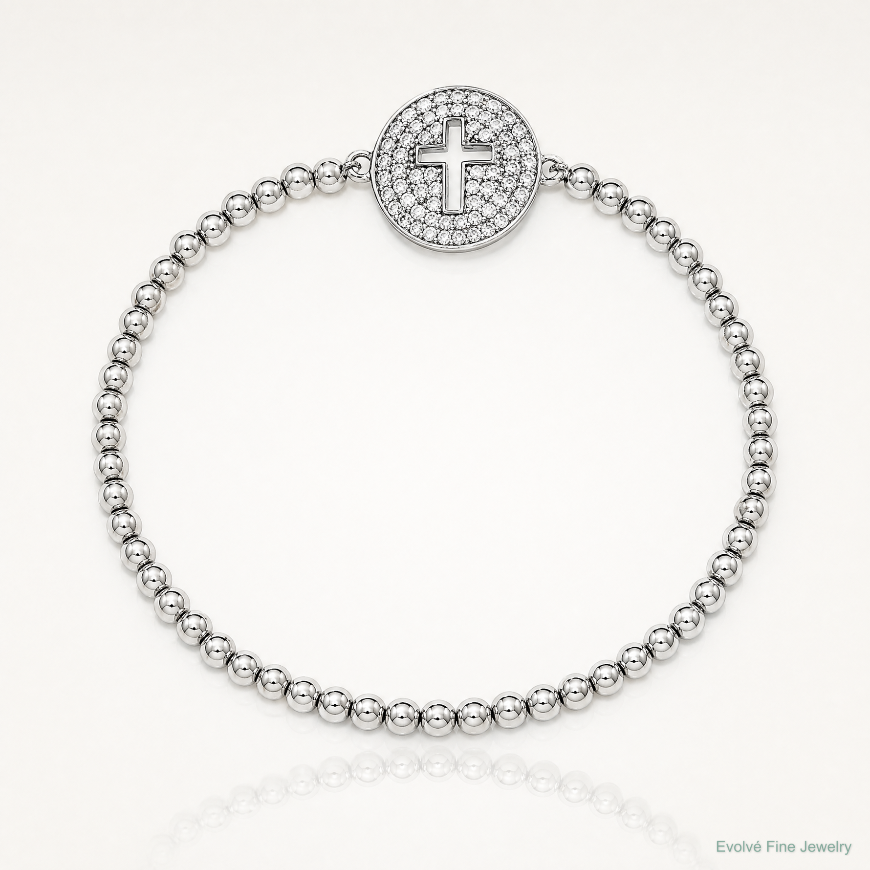 Sterling Silver Rhodium-plated CZ Cross Polished Beaded Stretch Bracelet - Lifestyle View