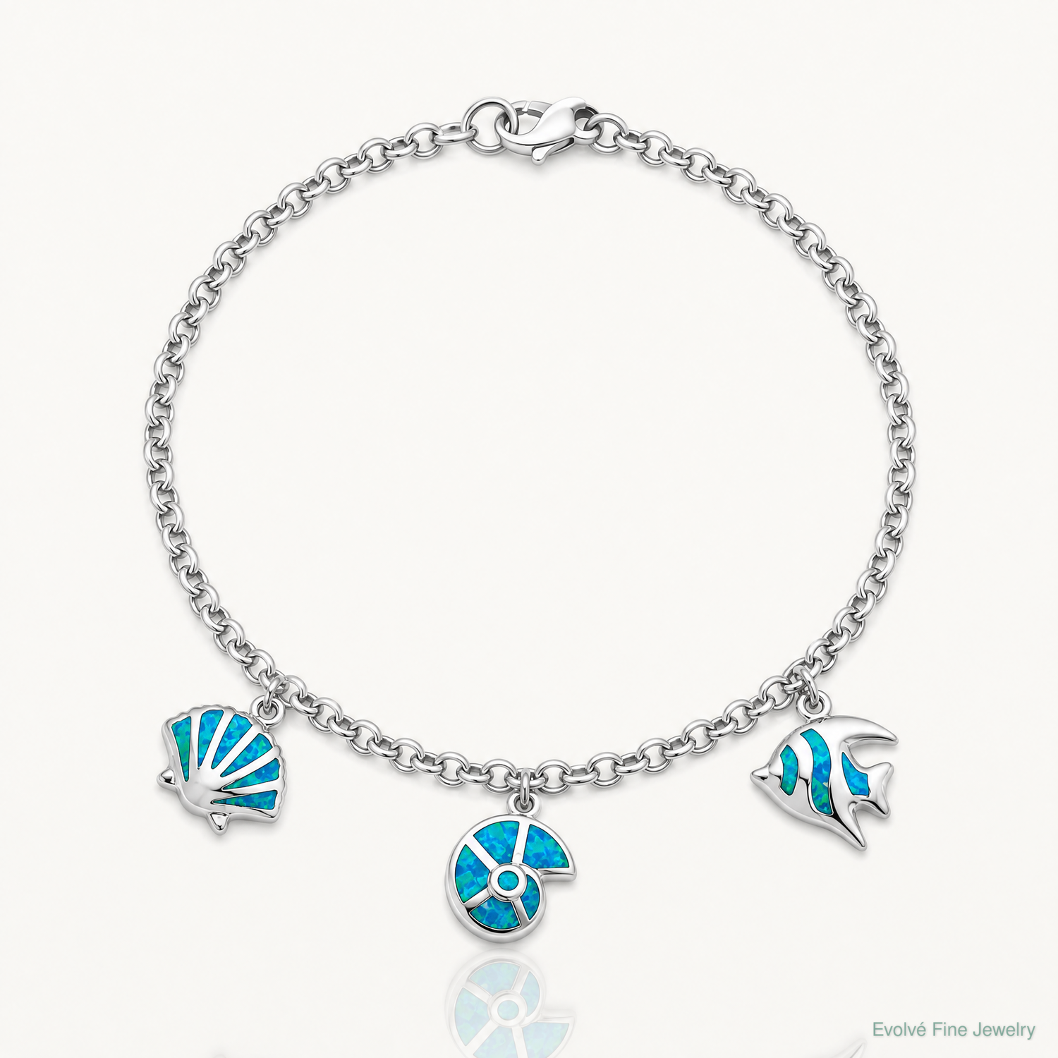 Sterling Silver Rhodium Created Opal Fish and Shells Charm Bracelet - Lifestyle View