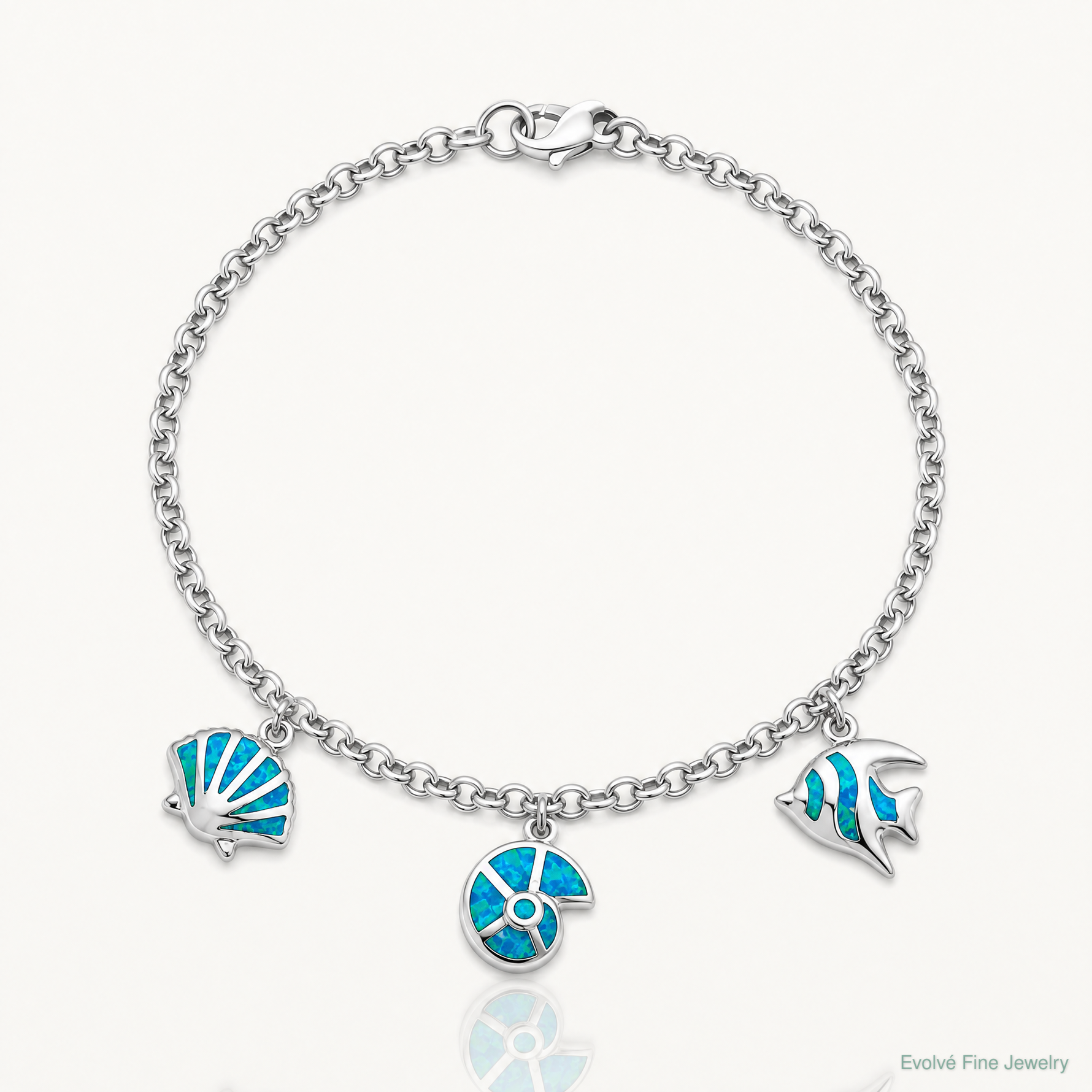 Sterling Silver Rhodium Created Opal Fish and Shells Charm Bracelet - Lifestyle View