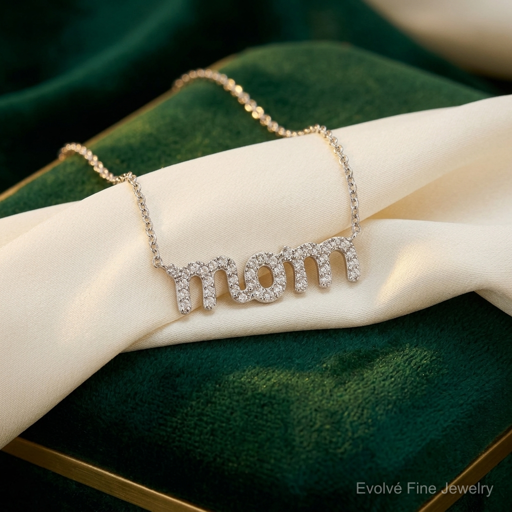 Sterling Silver Rhodium-plated MOM w/CZ Necklace - Lifestyle View