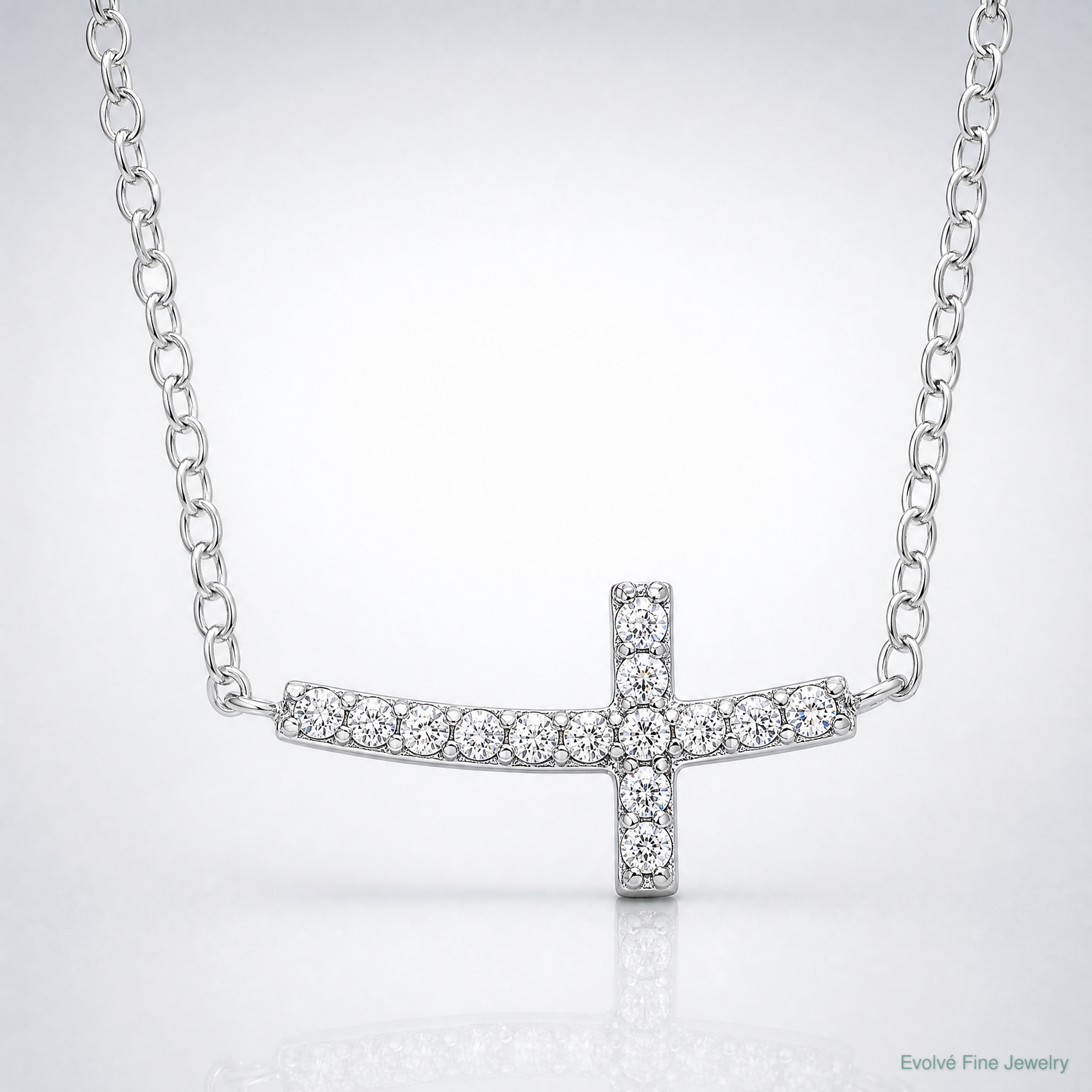 Sterling Silver Rhodium-plated CZ Sideways Cross w/2 inch ext Necklace - Lifestyle View